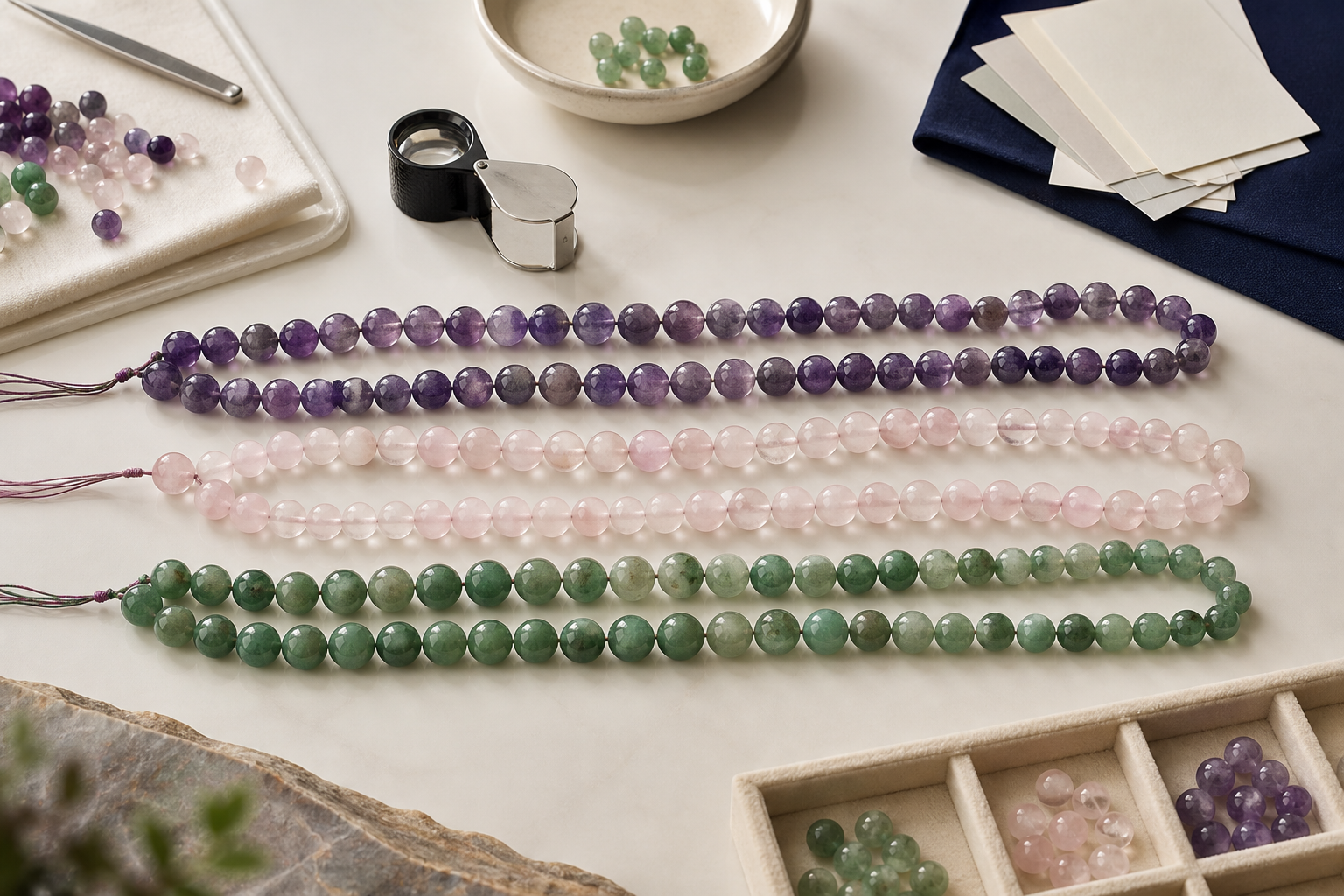 Sélection de perles naturelles triées selon leur couleur, leur poli et leur régularité