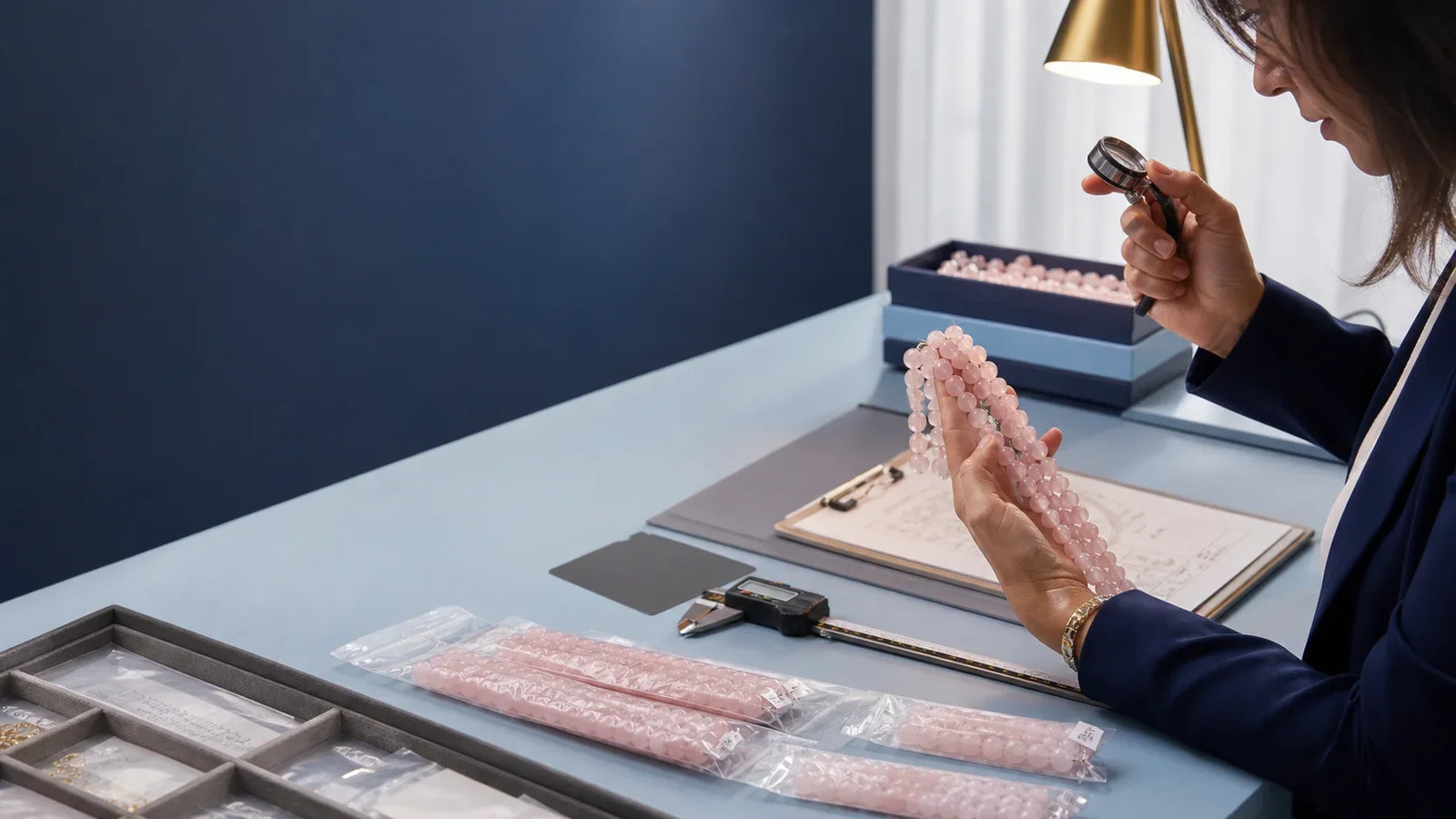 Acheteuse professionnelle contrôlant des perles de quartz rose