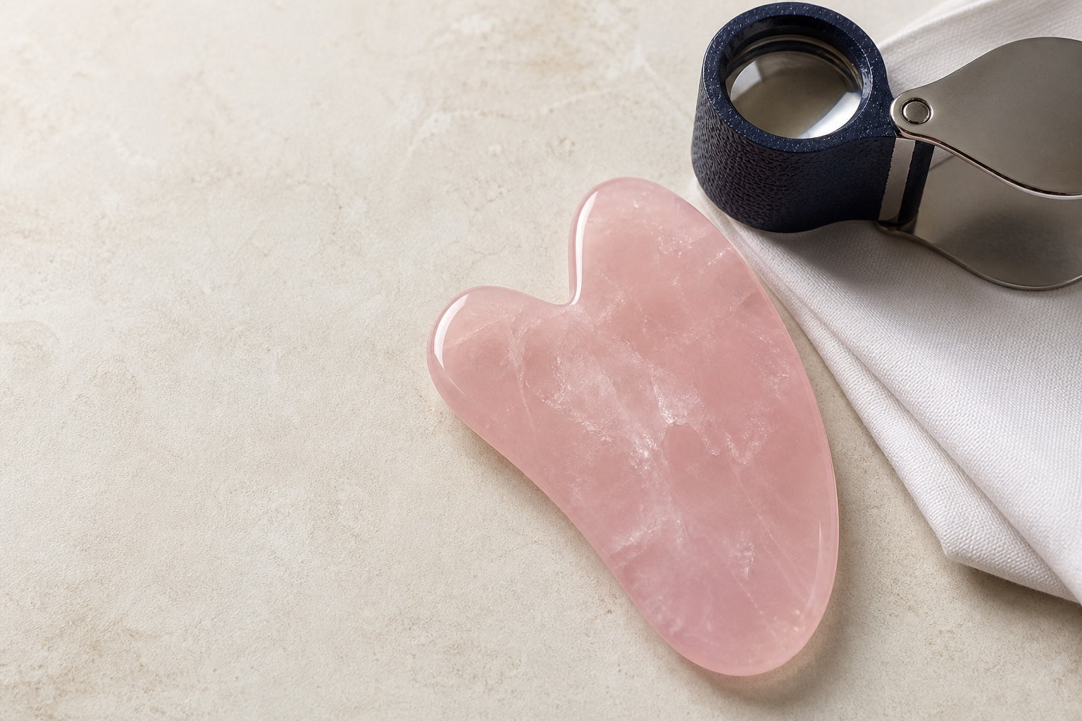 Véritable gua sha en quartz rose sur un linge clair