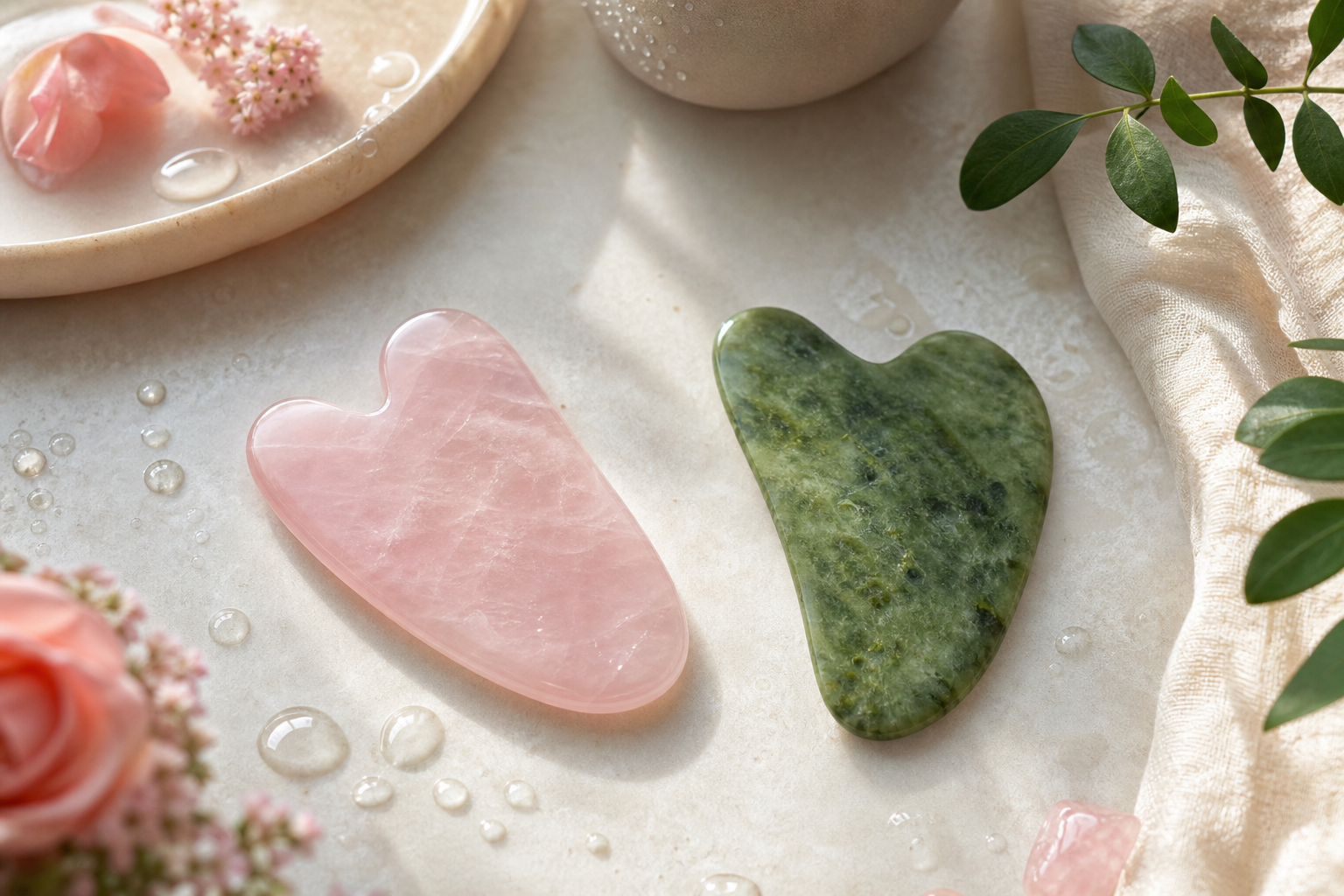 Gua sha en quartz rose et gua sha en jade présentés côte à côte