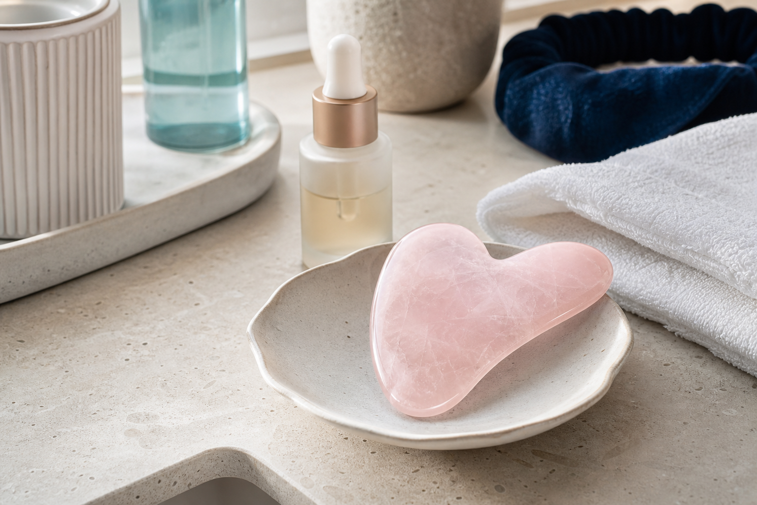 Gua sha en quartz rose préparé pour une routine de massage du visage