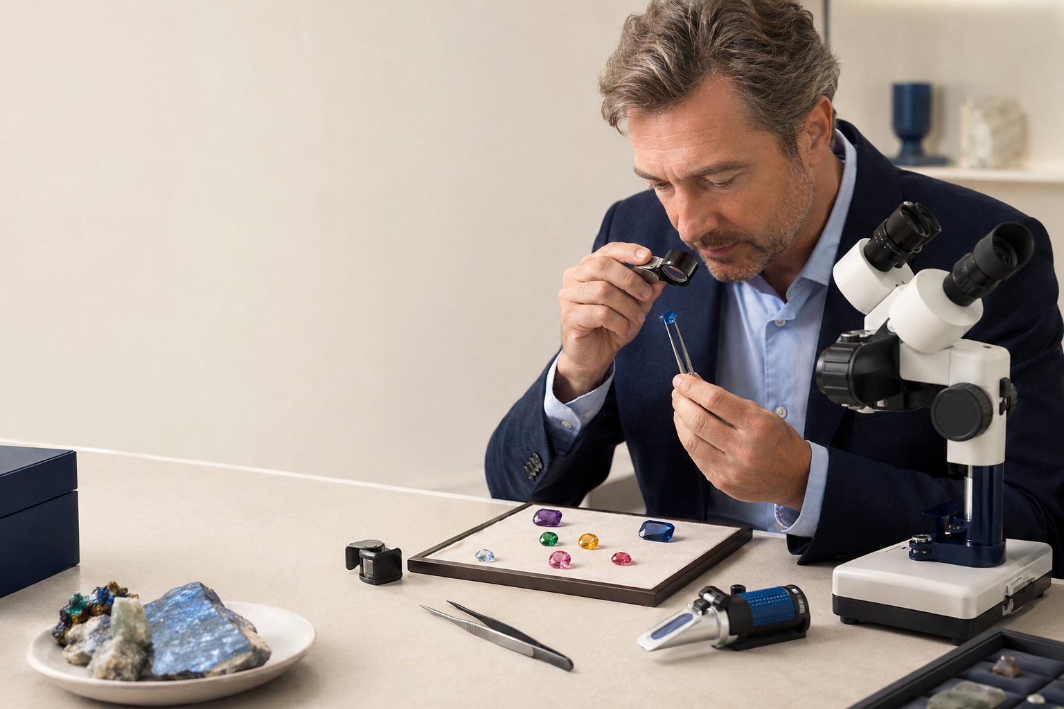 Gemmologue observant une pierre avec une loupe dans un laboratoire