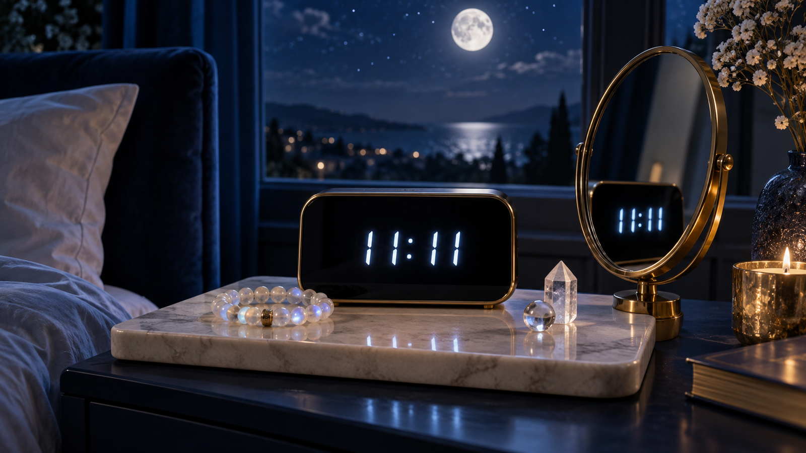 Horloge numérique affichant 11h11 devant un miroir, avec bijoux en pierres naturelles