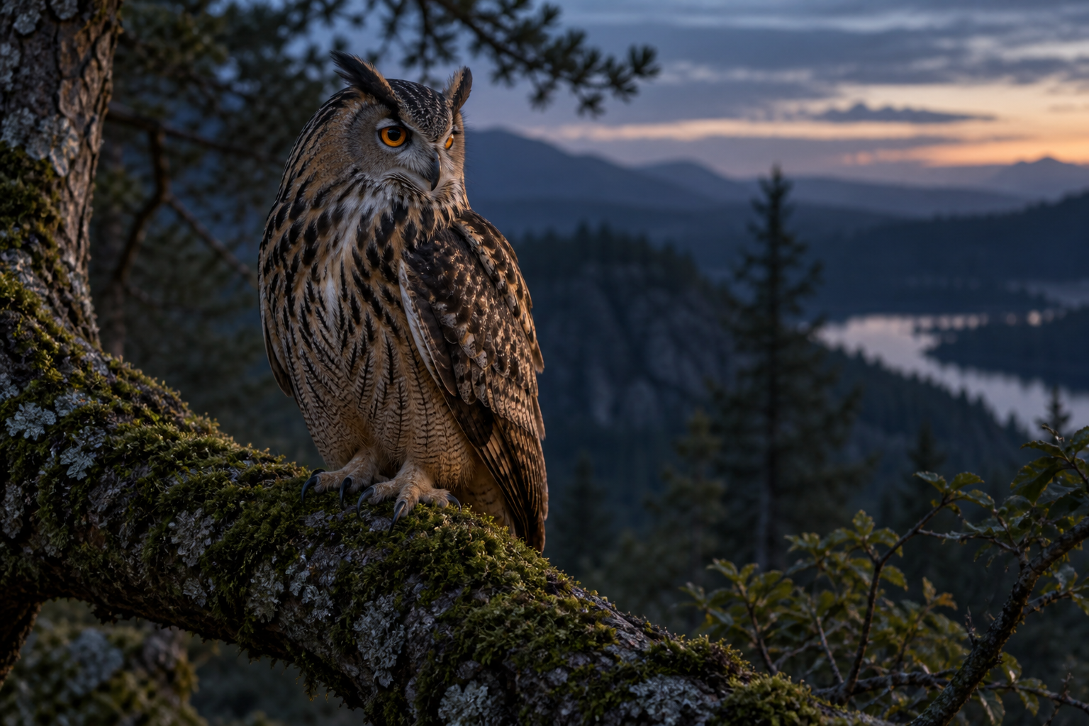 Grand-duc perché dans une forêt au crépuscule
