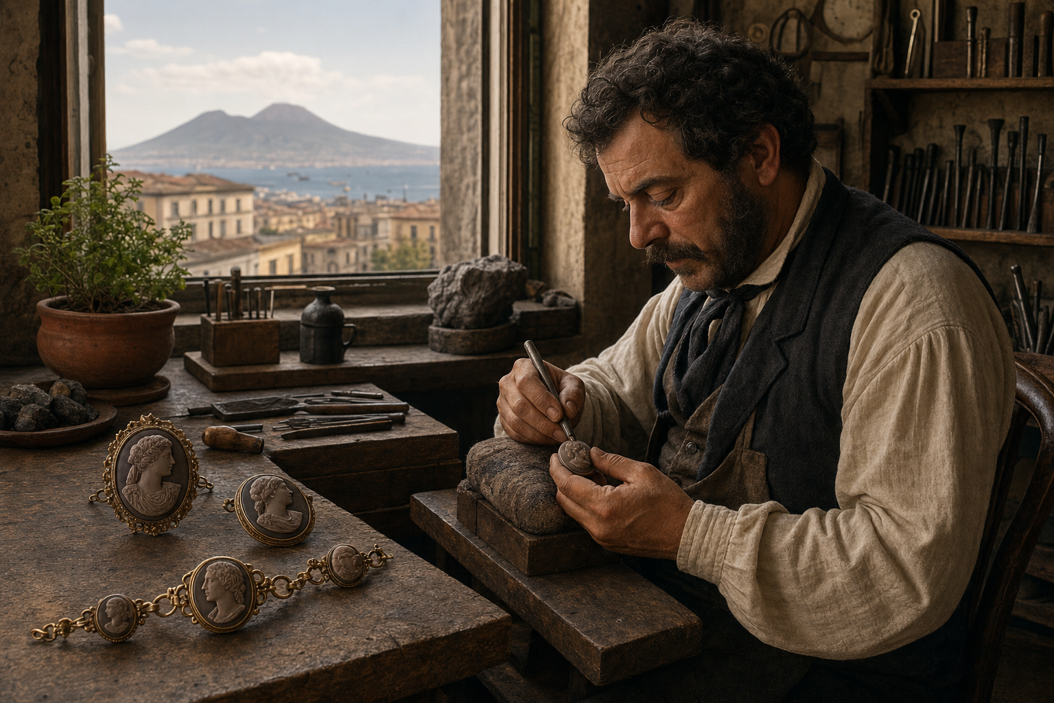 Artisan caméiste à Naples au XIXe siècle, avec le Vésuve à l’arrière-plan