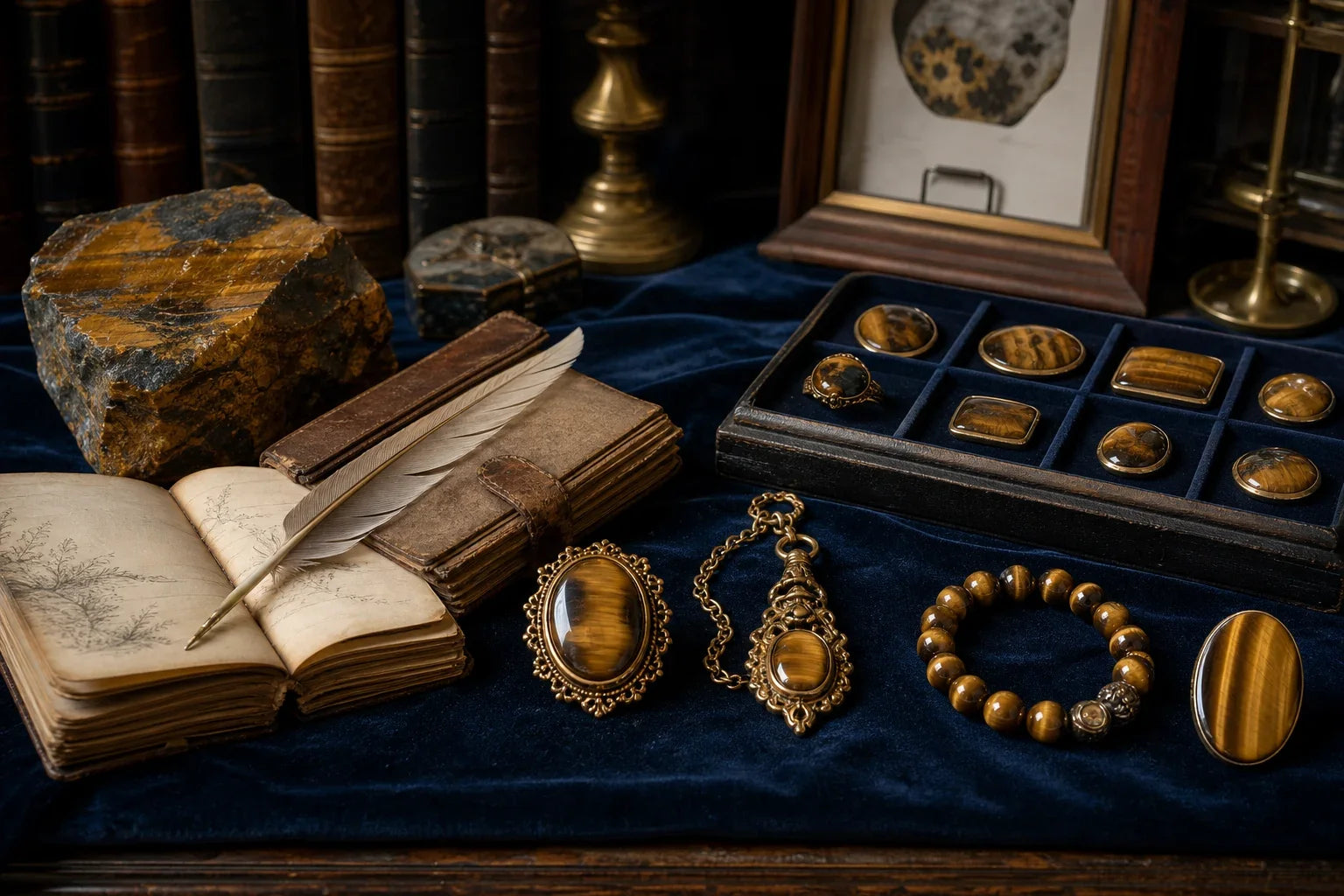 Œil de tigre brut et bijoux retraçant son histoire culturelle