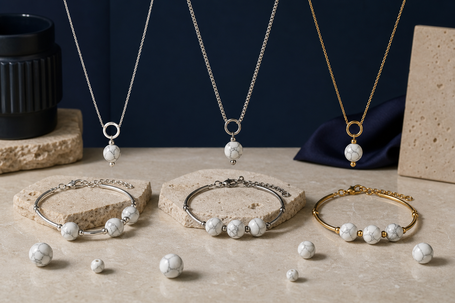 Comparaison de perles de howlite avec des apprêts en argent 925, acier inoxydable et laiton