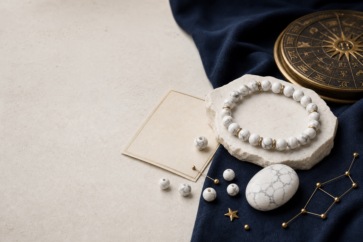 Bracelet en howlite blanche et décor céleste symbolique