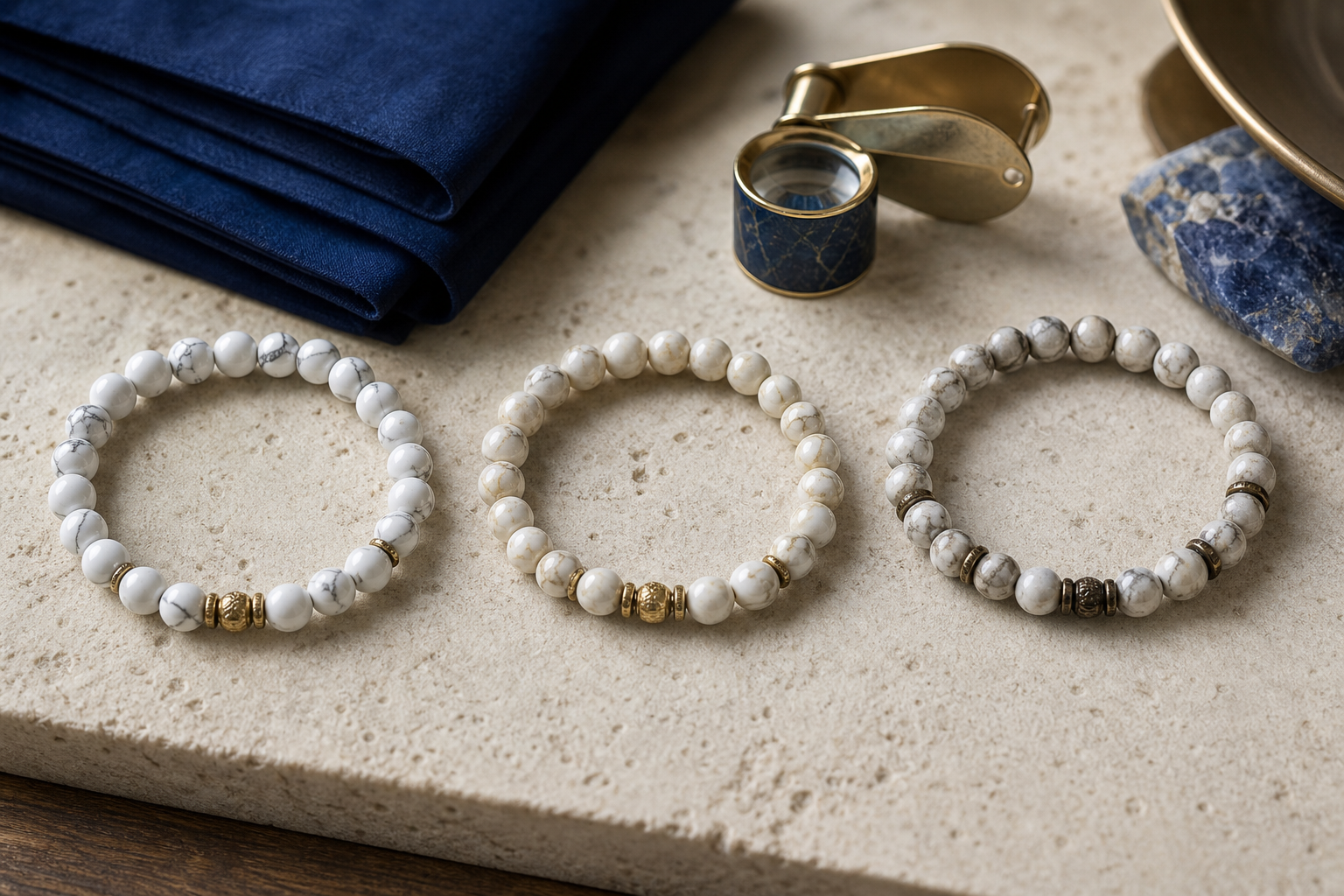 Bracelets en howlite propre, légèrement jauni et localement noirci