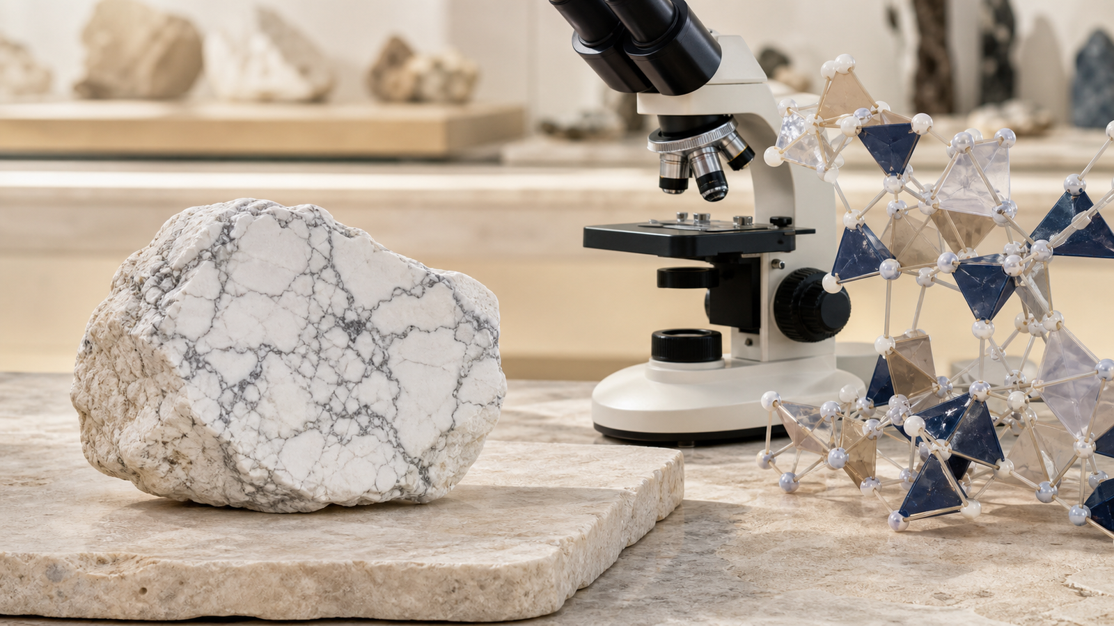 Howlite naturelle, microscope et modèle cristallin
