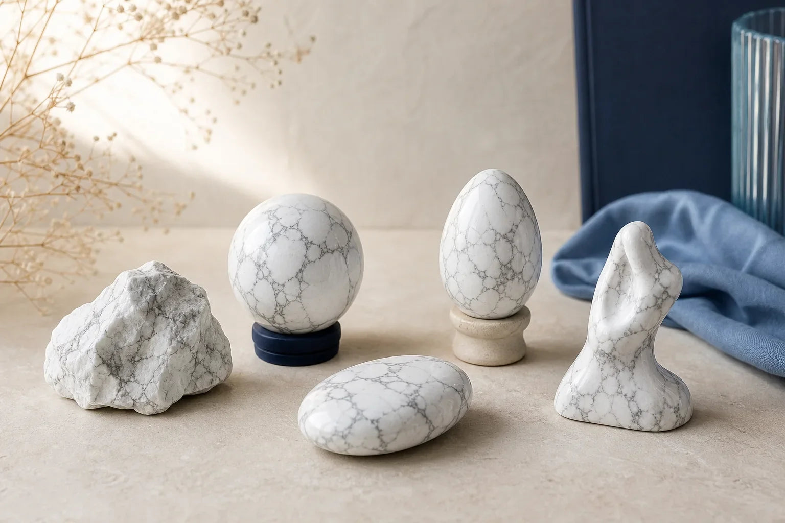 Howlite brute, galet, sphère, œuf et sculpture comparés