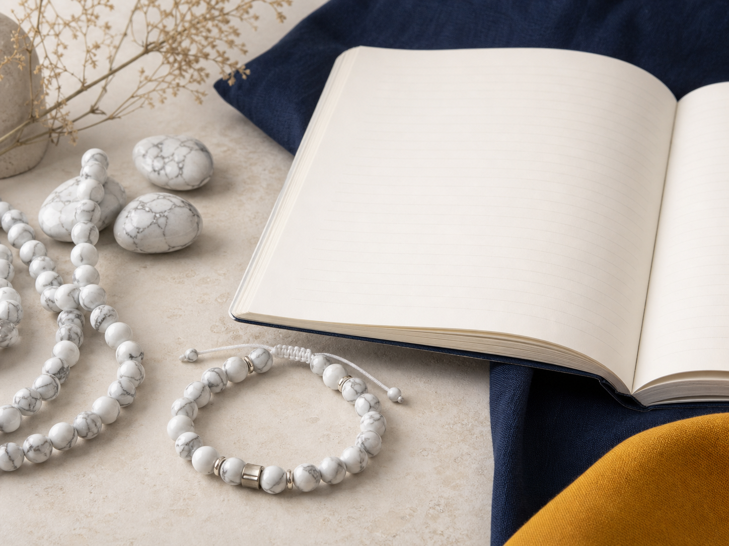 Howlite naturelle, bijoux et livre — définition en français