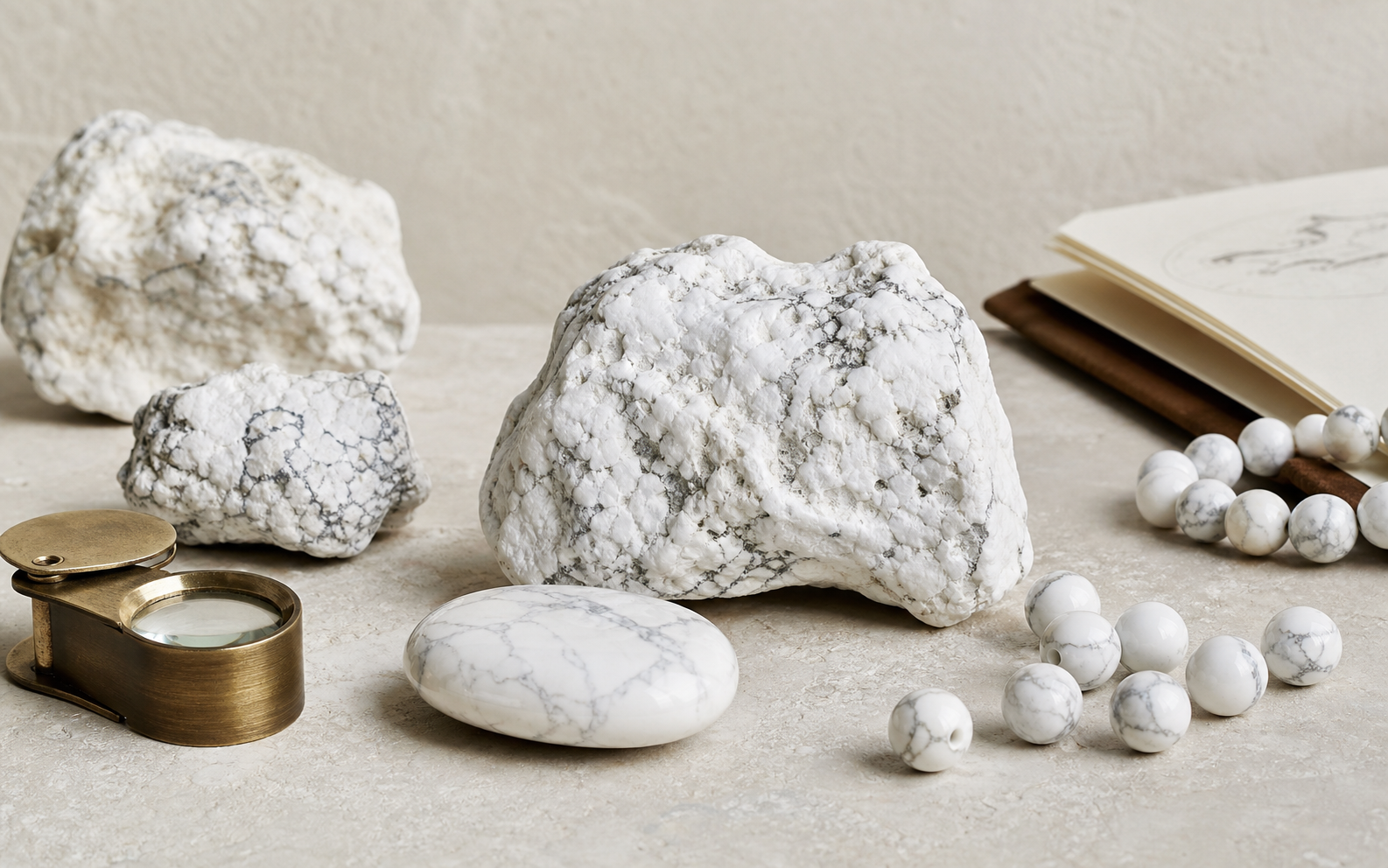 Howlite blanche veinée, pierre brute, galet poli et perles en lumière naturelle