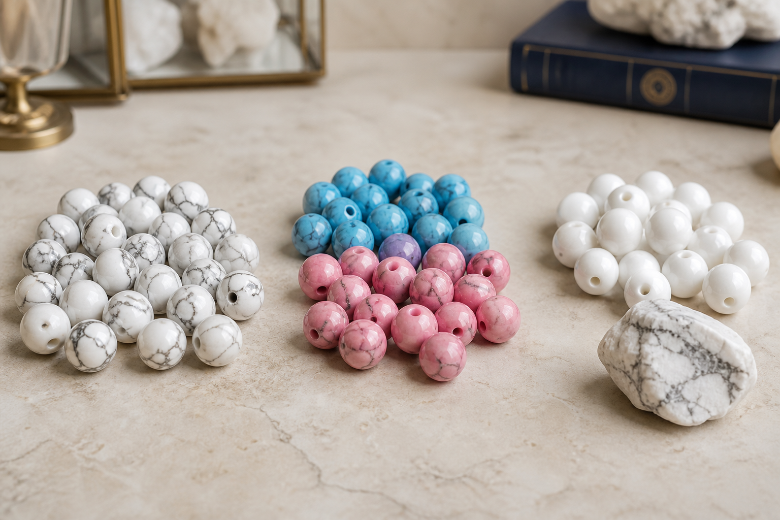 Comparaison entre howlite naturelle, howlite teintée et imitation