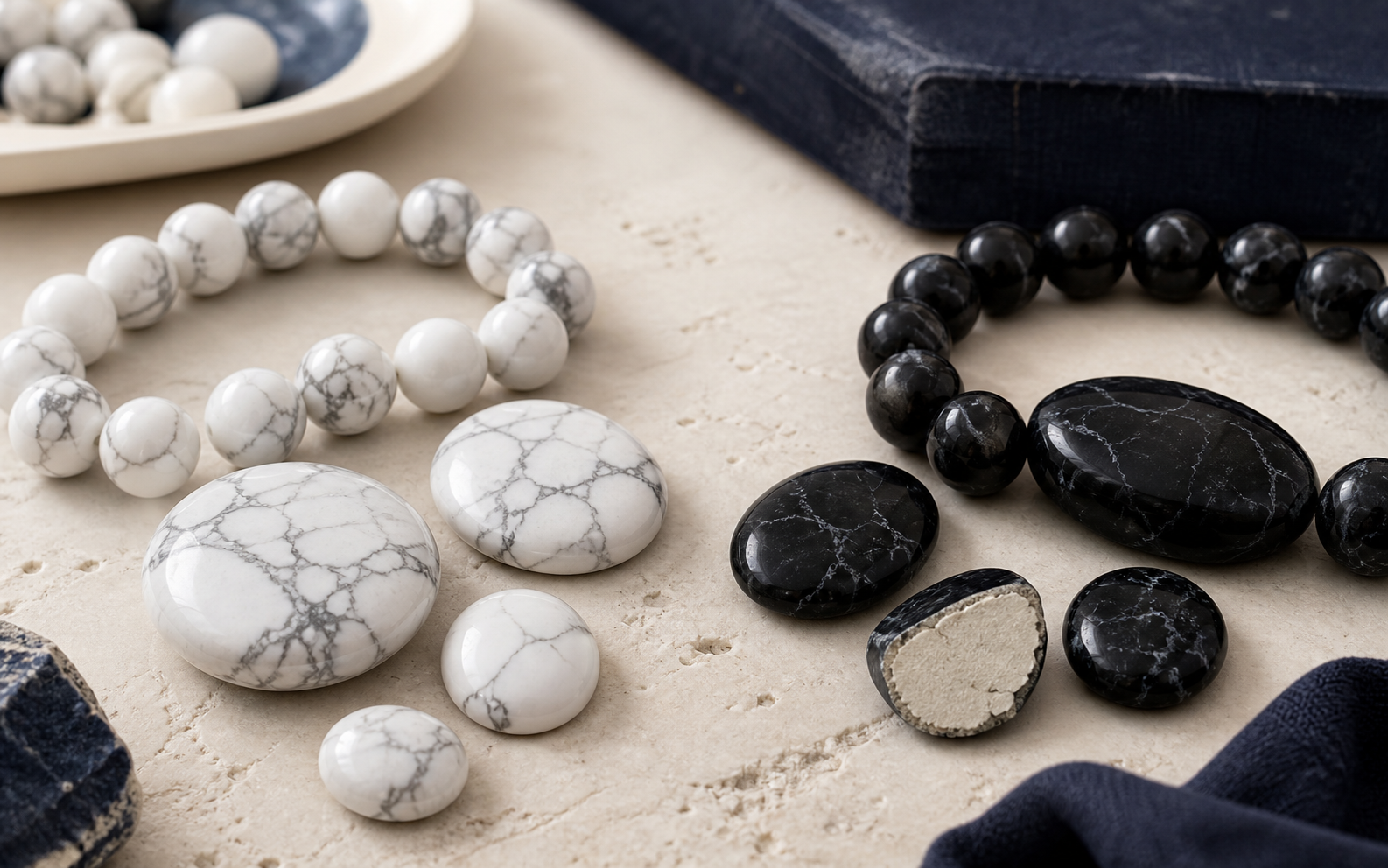 Comparaison entre howlite blanche naturelle et howlite noire teintée