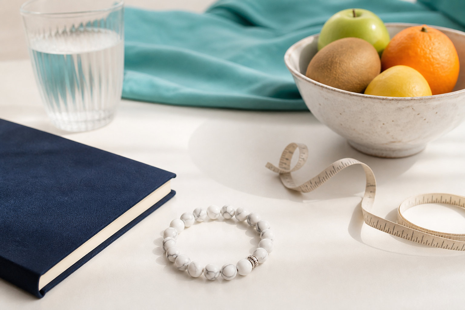 Bracelet en howlite avec carnet, fruits, eau et mètre ruban