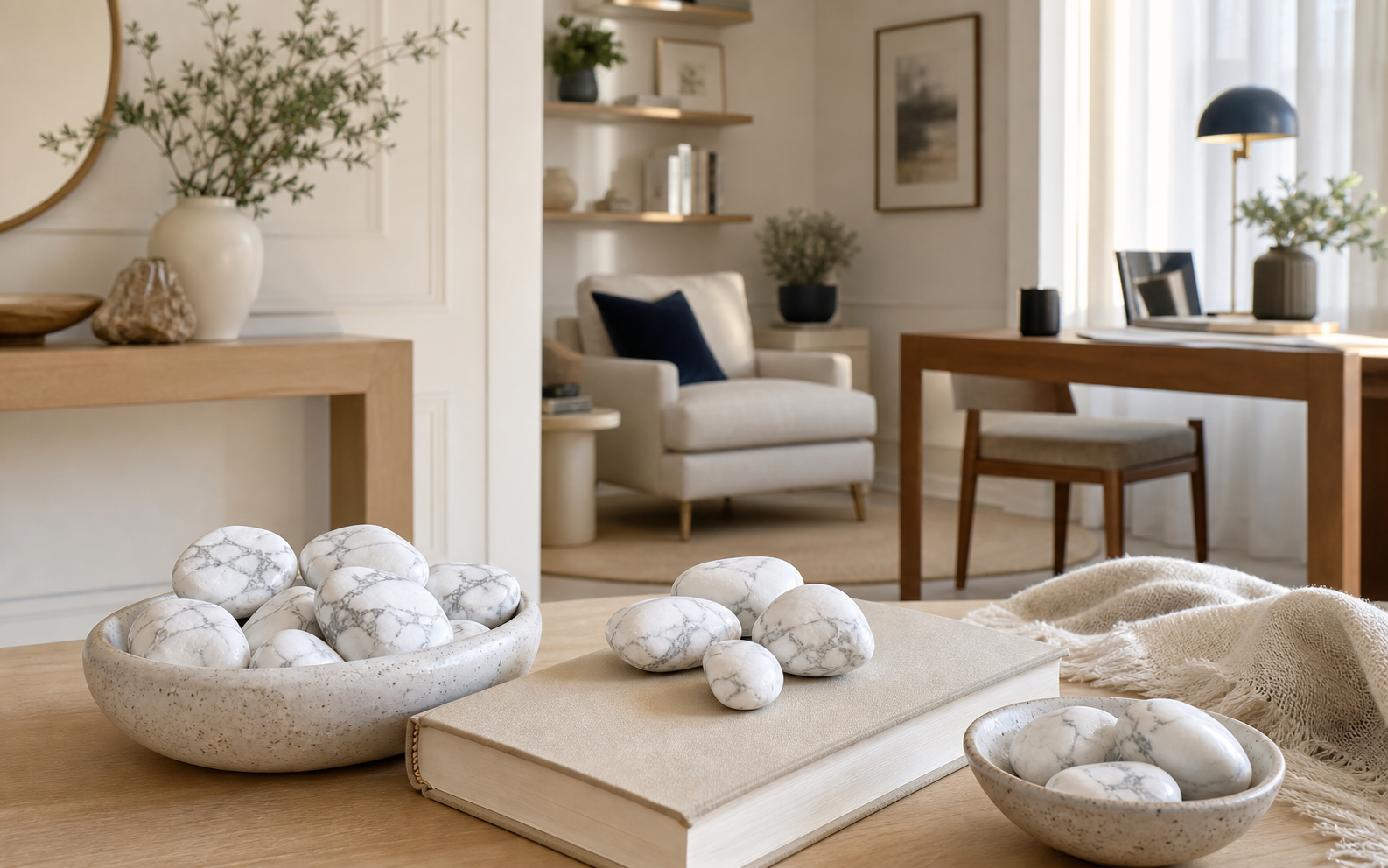 Howlite placée dans plusieurs espaces calmes de la maison