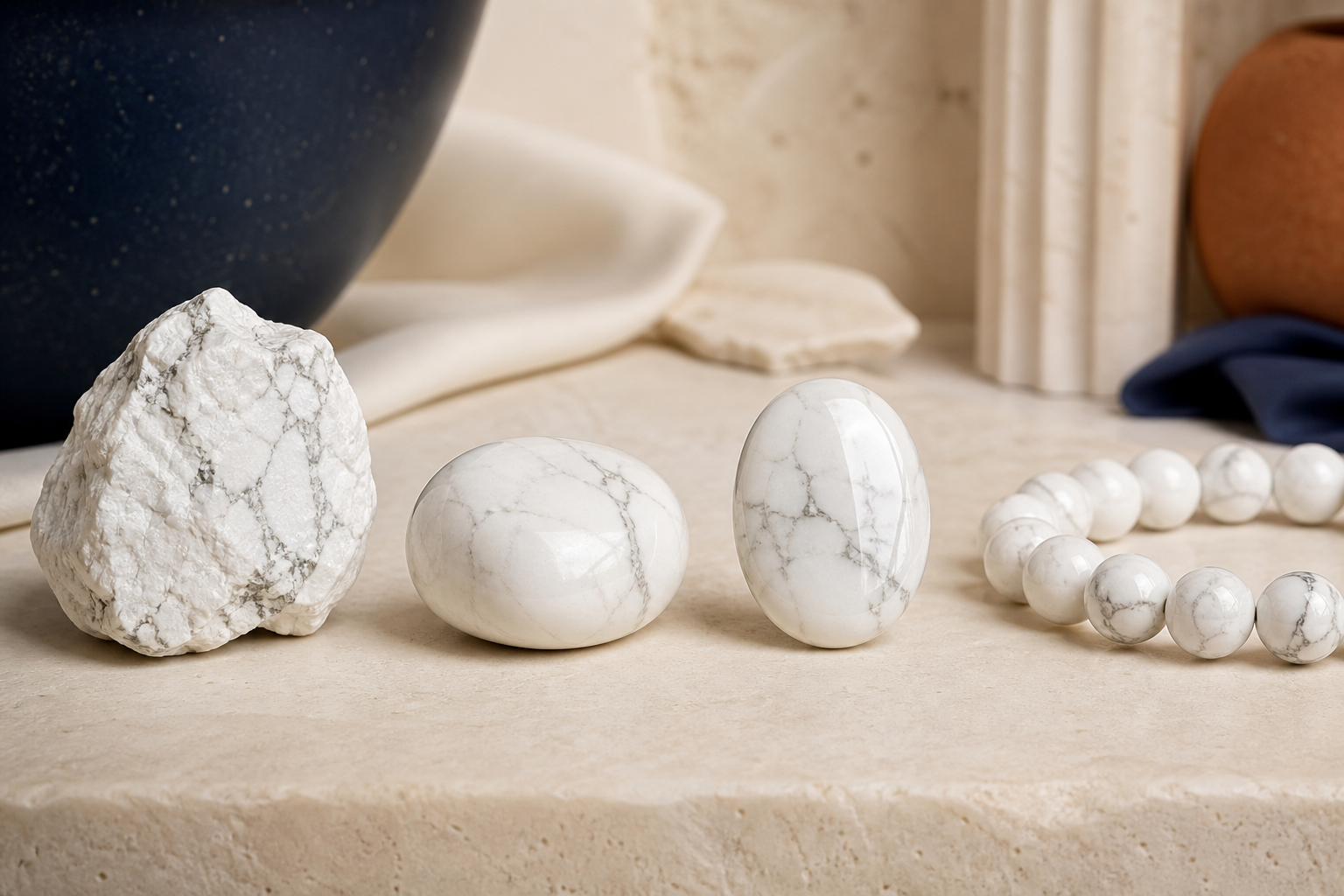 Howlite brute, roulée, polie et transformée en perles