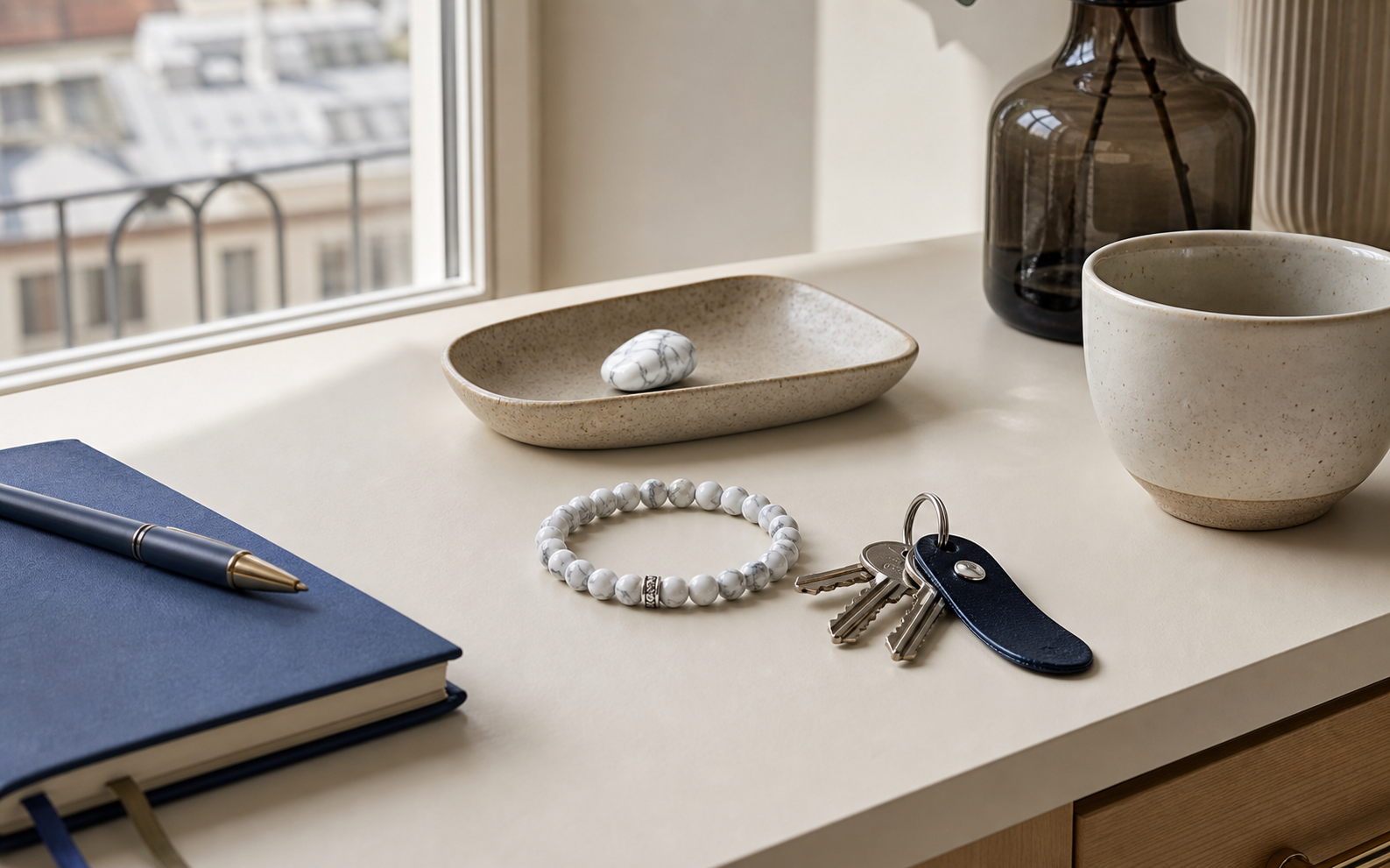 Bracelet et galet de howlite intégrés à une routine quotidienne