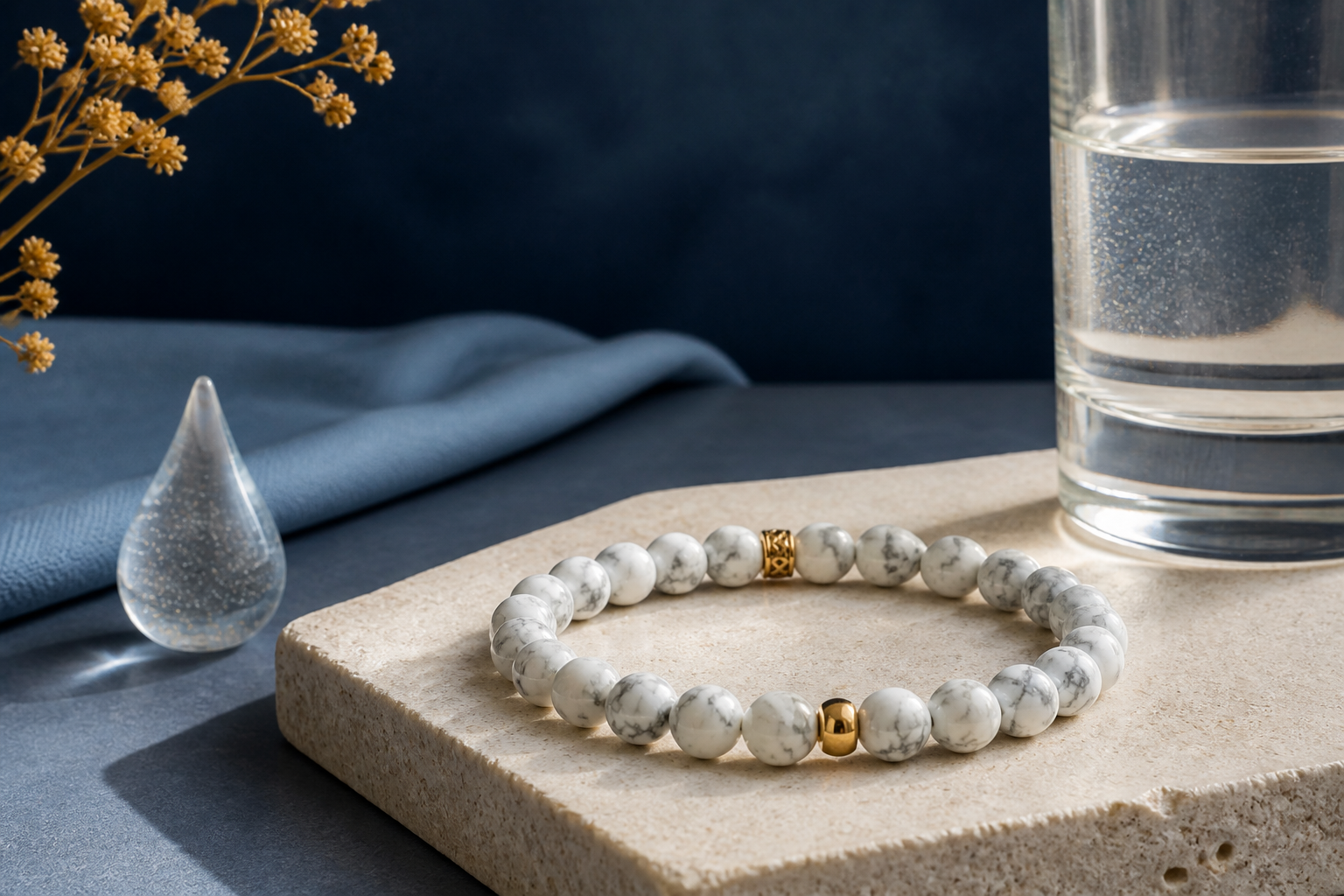 Bracelet en howlite présenté avec un verre d’eau, sans allégation thérapeutique