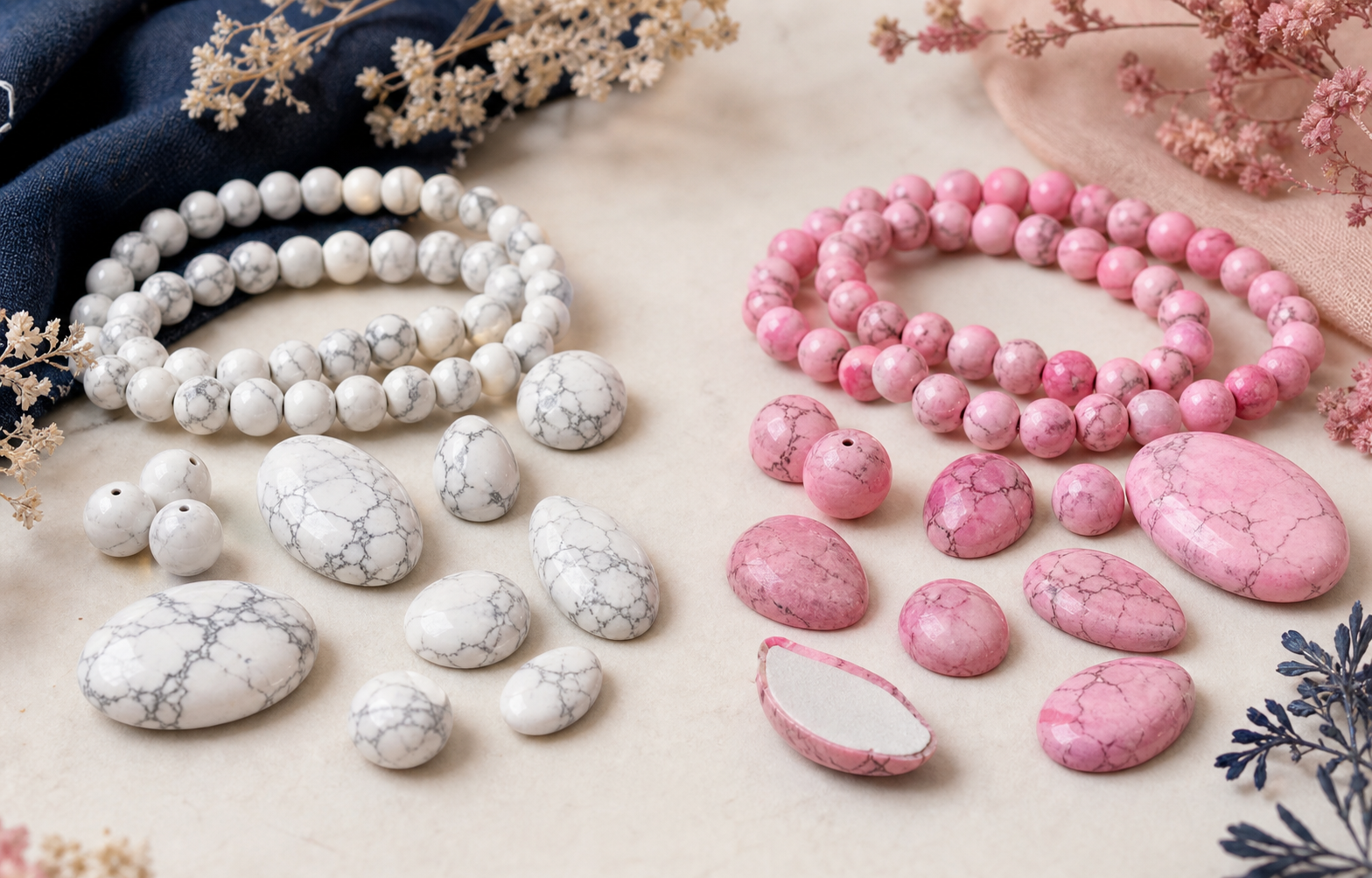 Comparaison entre howlite blanche naturelle et howlite rose teintée