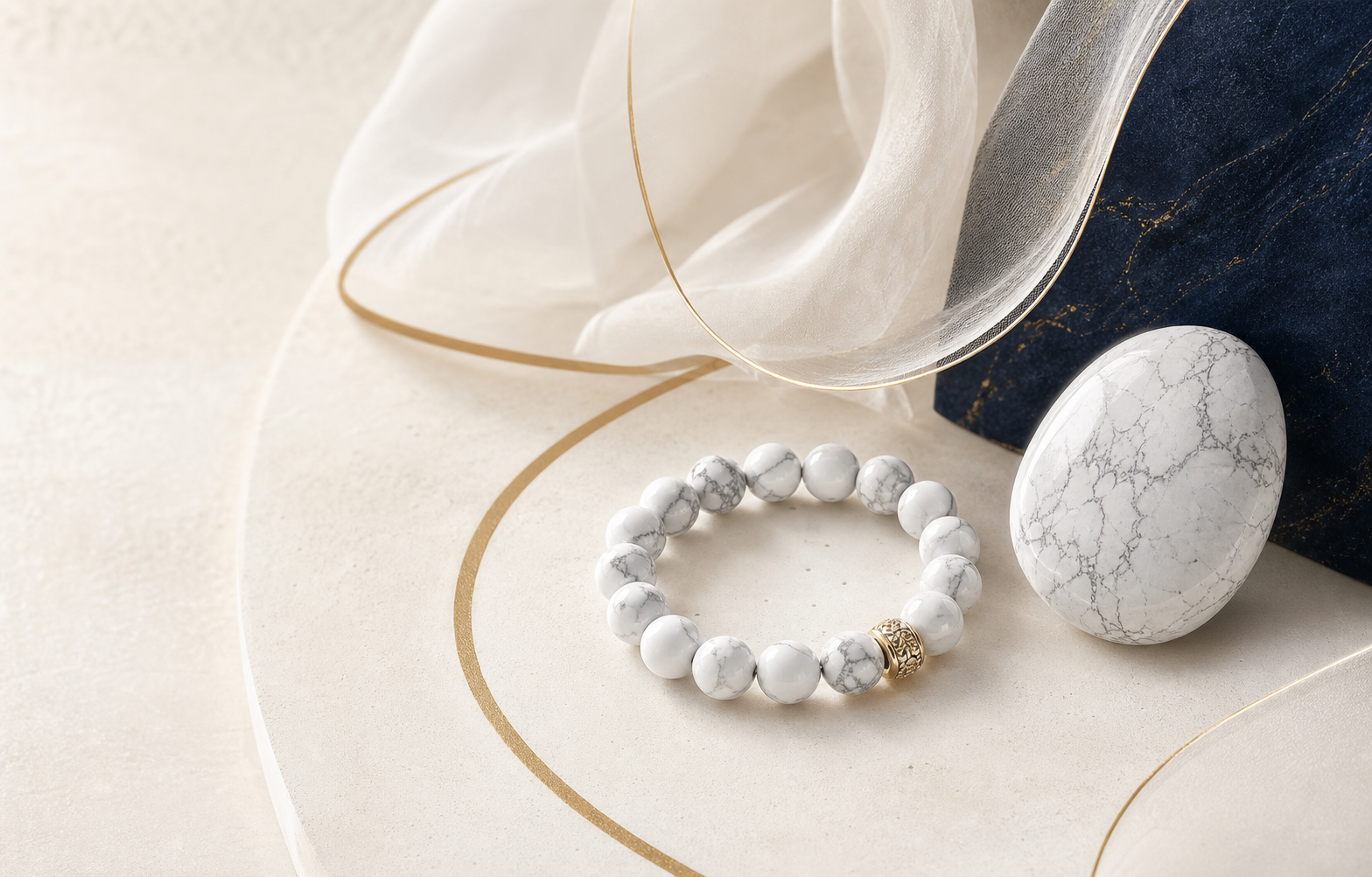Bracelet et pierre de howlite dans une composition symbolique blanche, bleu nuit et or