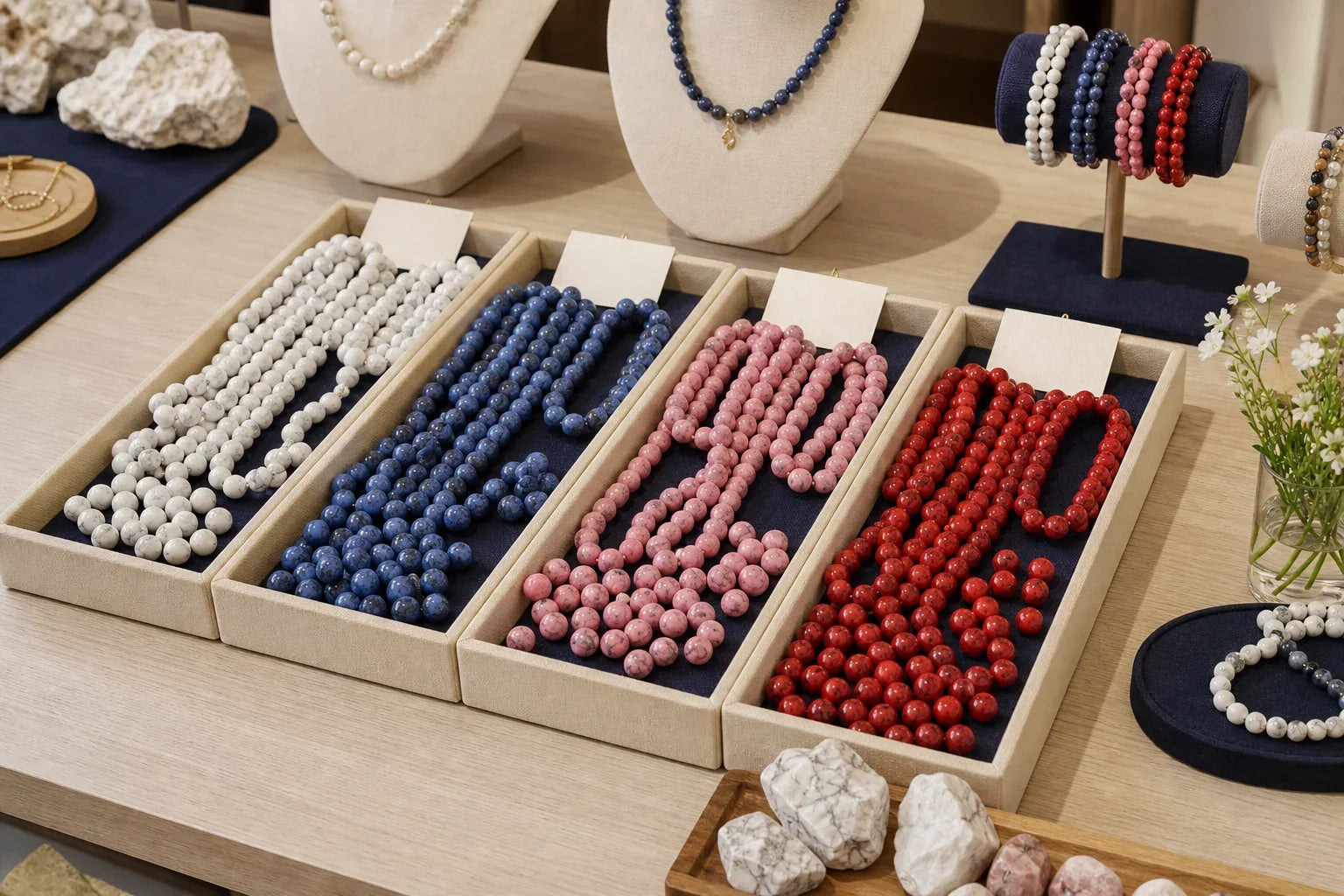 Howlite blanche et howlite teintée présentées séparément
