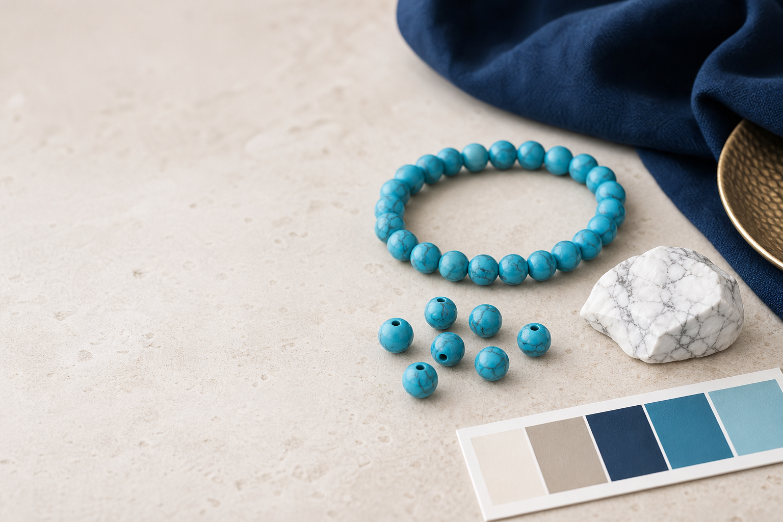 Bracelet et perles de howlite teintée bleu turquoise avec échantillon de howlite blanche