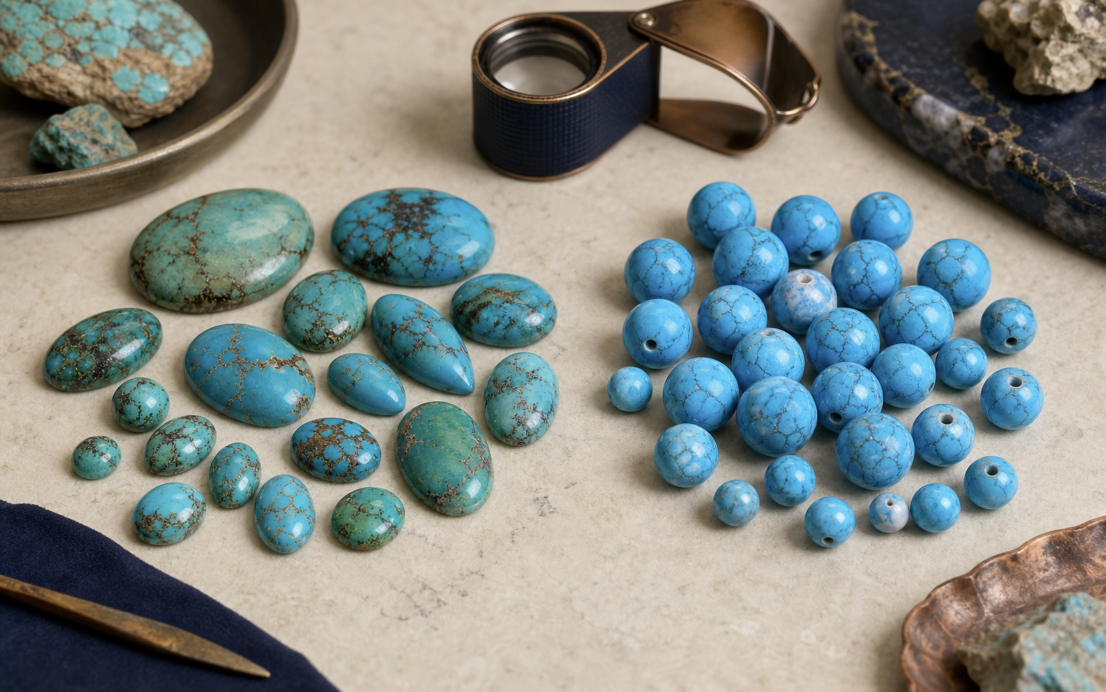 Comparaison entre turquoise naturelle et howlite teintée en bleu