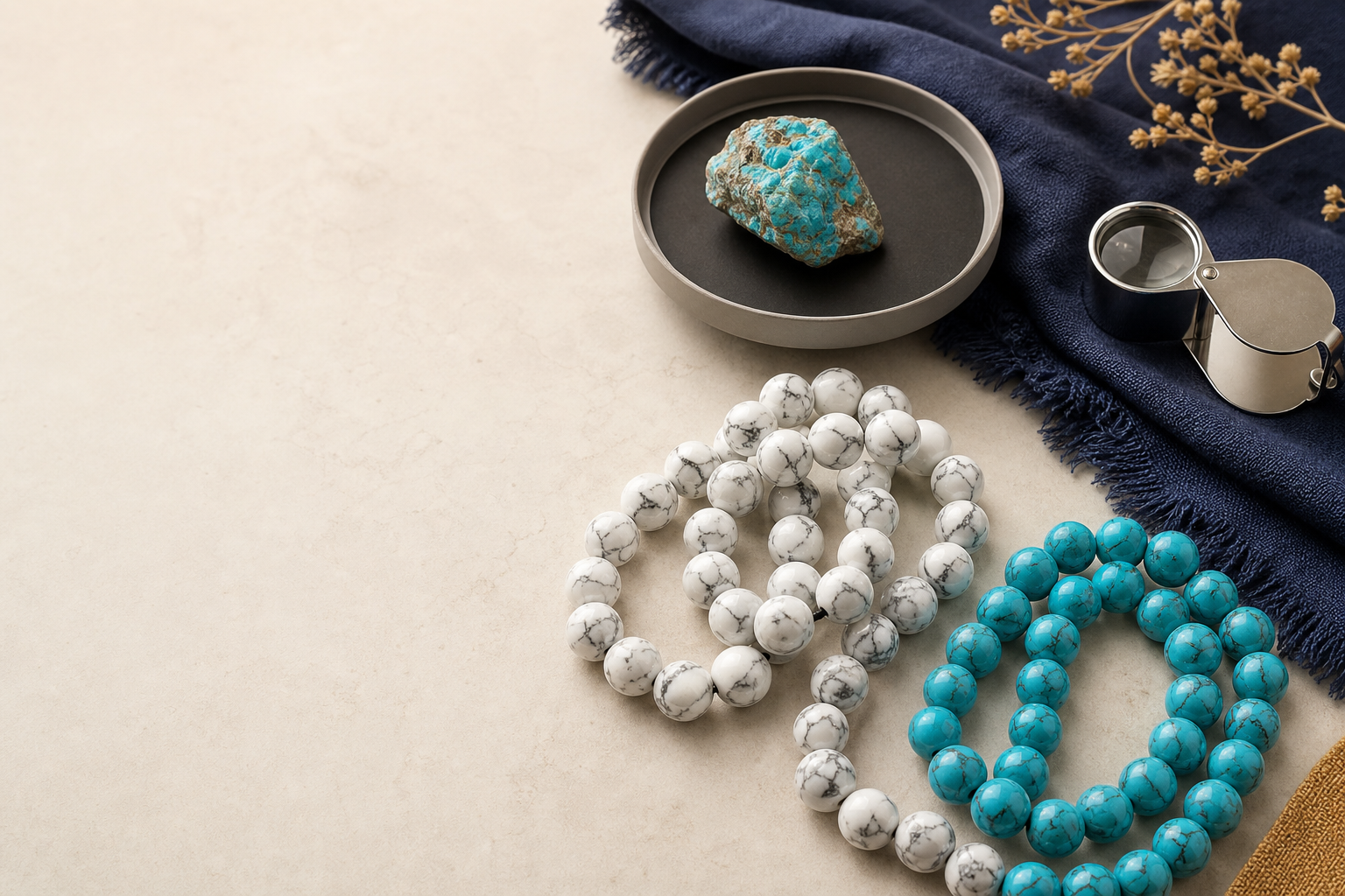 Howlite blanche, howlite teintée bleue et turquoise naturelle comparées