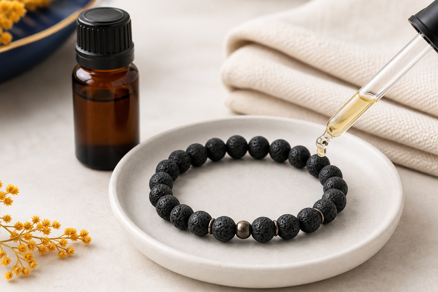 Dépôt ciblé d’une goutte sur une perle de lave, bracelet retiré