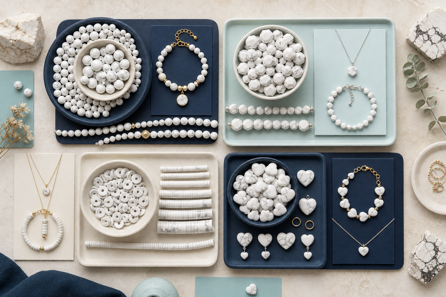 Quatre mini-collections de bijoux en howlite blanche pour créateurs et revendeurs