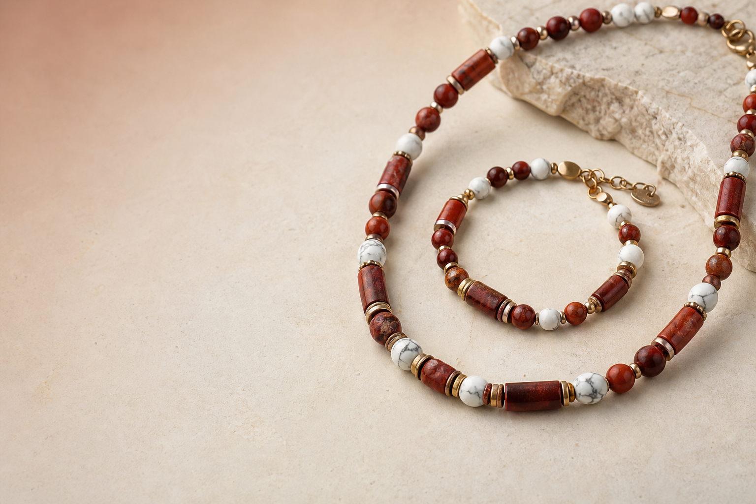 Bracelet et collier en jaspe rouge et howlite blanche
