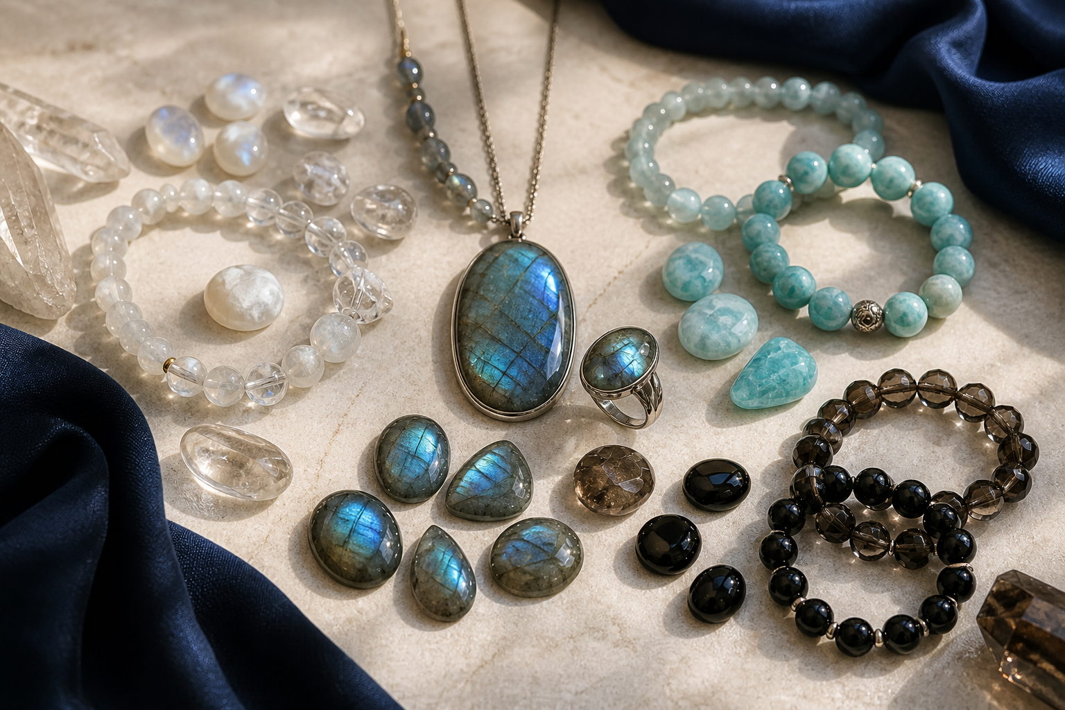 Labradorite associée à des pierres blanches, bleu-vertes, fumées et noires