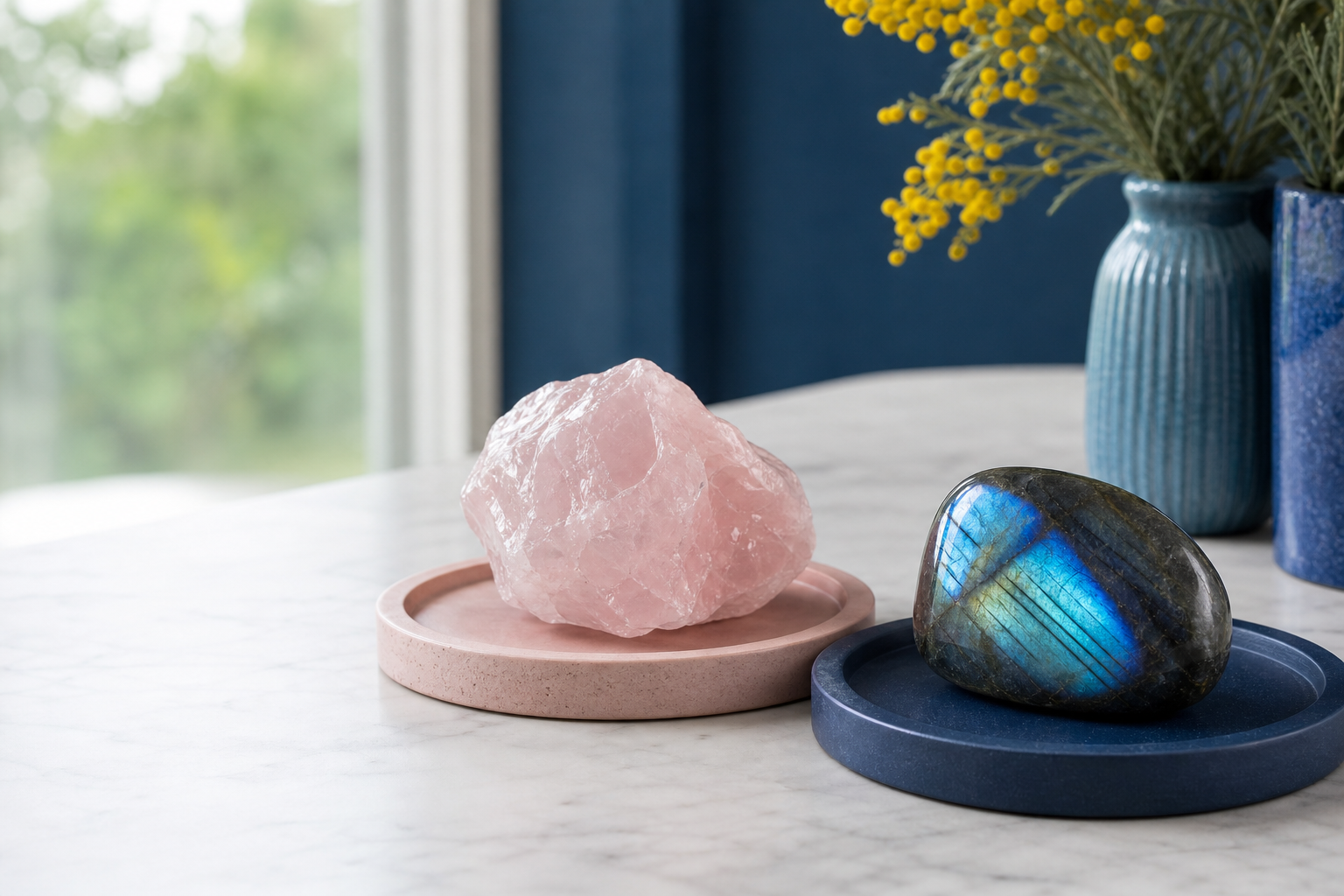 Labradorite et quartz rose présentés ensemble sur deux plateaux