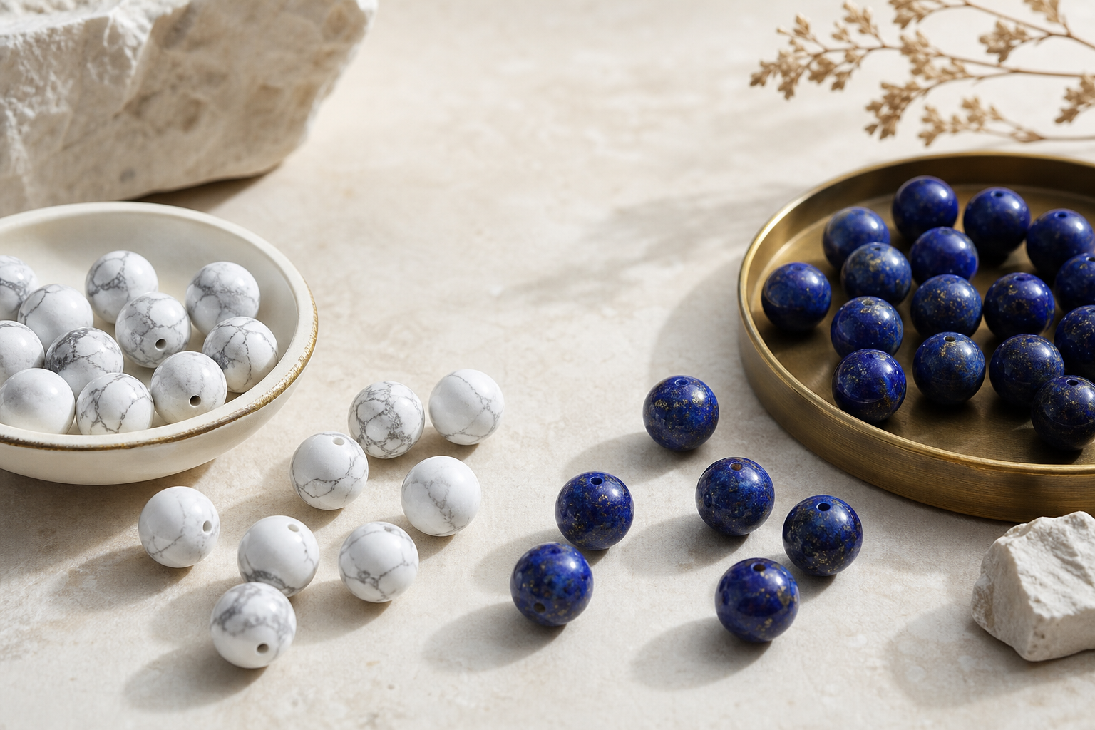 Perles naturelles de lapis-lazuli bleu et de howlite blanche veinée