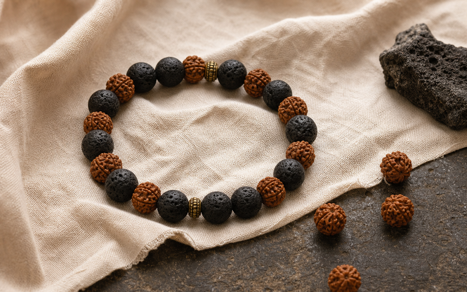 Bracelet en pierre de lave noire et graines naturelles de Rudraksha