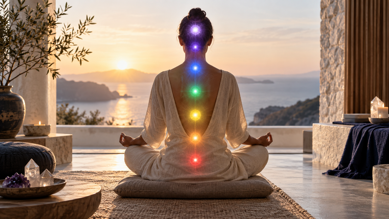 Les sept chakras représentés par sept points colorés le long d’une personne en méditation