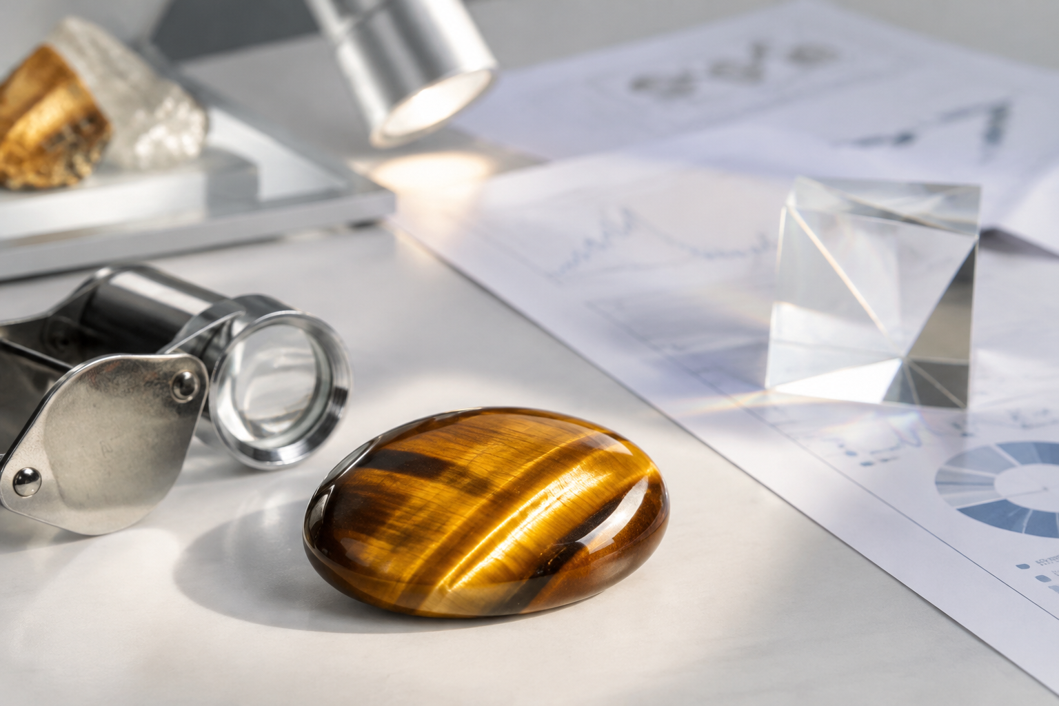 Œil de tigre étudié avec une loupe et des documents scientifiques