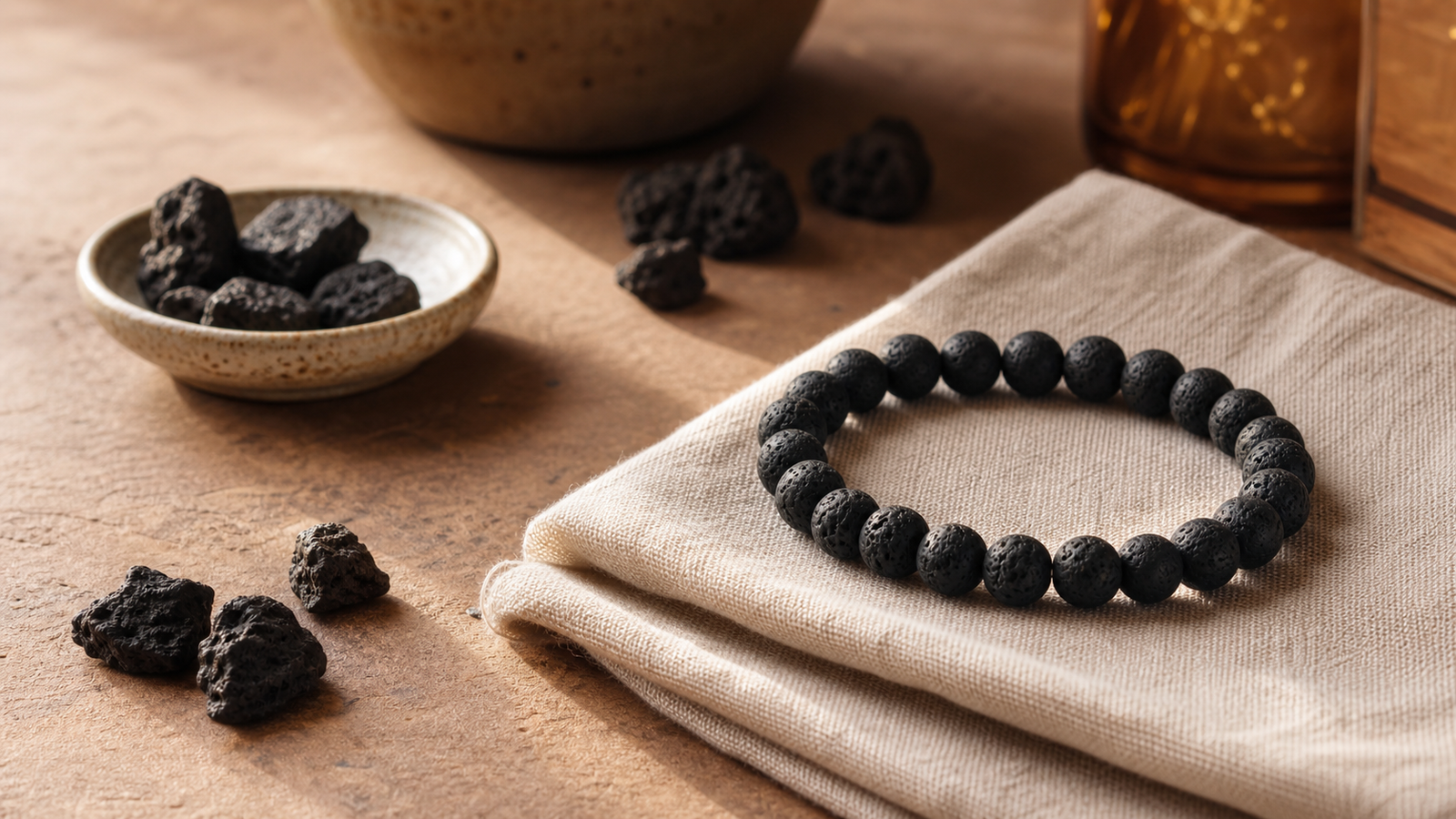 Bracelet en pierre de lave présenté comme objet symbolique dans une scène calme