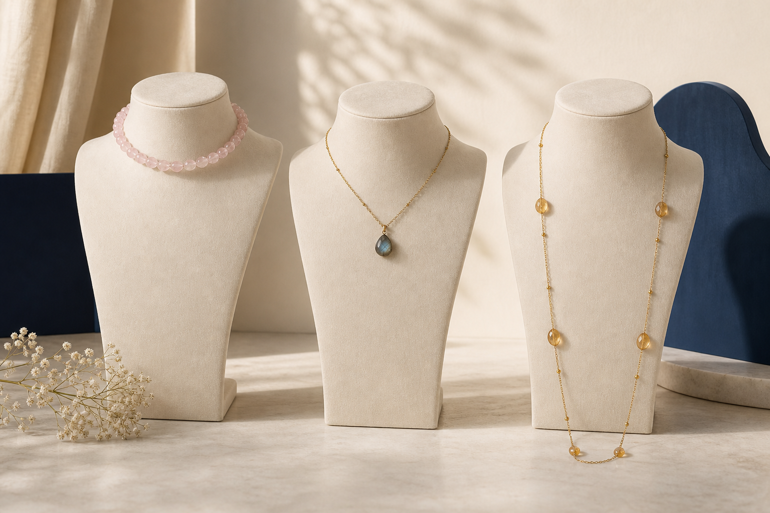 Trois présentoirs portant un ras-du-cou, un collier princesse et un sautoir