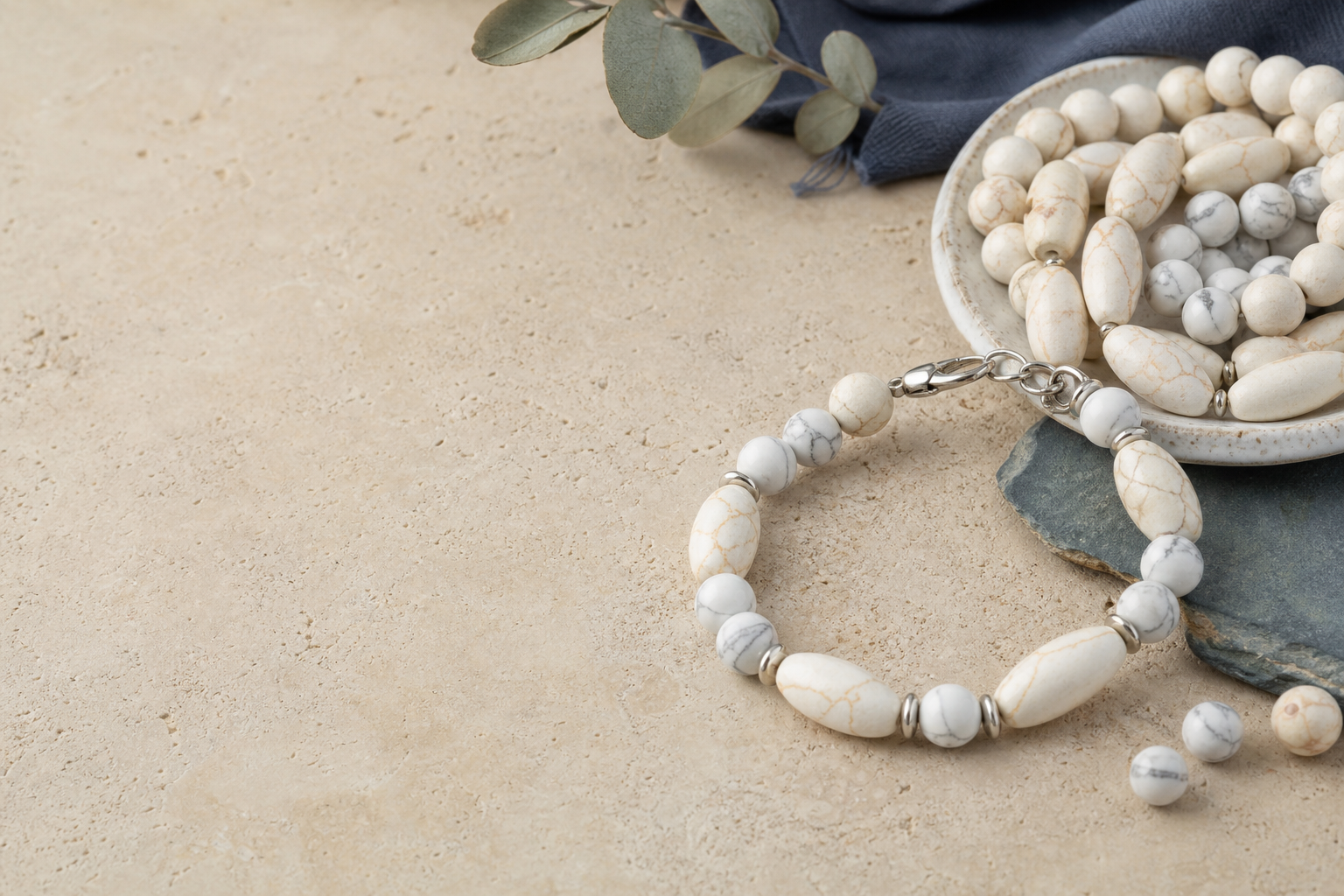 Magnésite crème et howlite blanche associées dans une composition de bijou