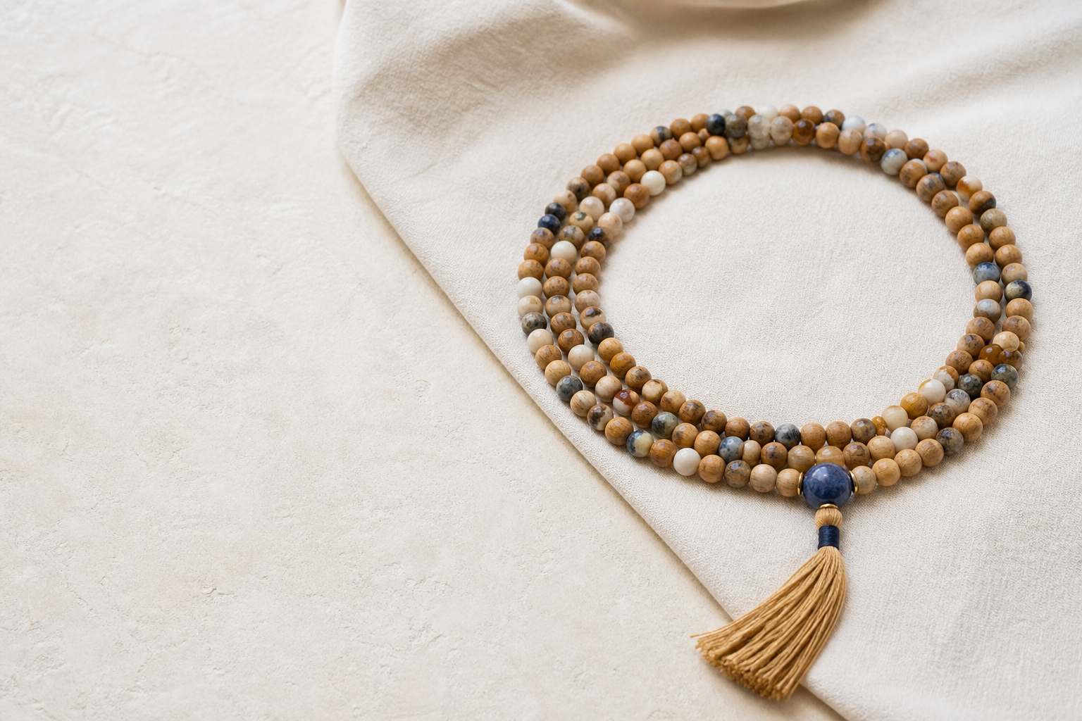 Mala en perles naturelles avec perle gourou et pompon