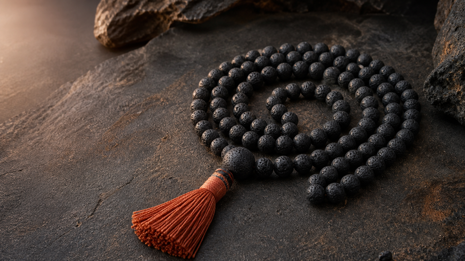 Mala de 108 perles en pierre de lave avec perle guru et gland terracotta