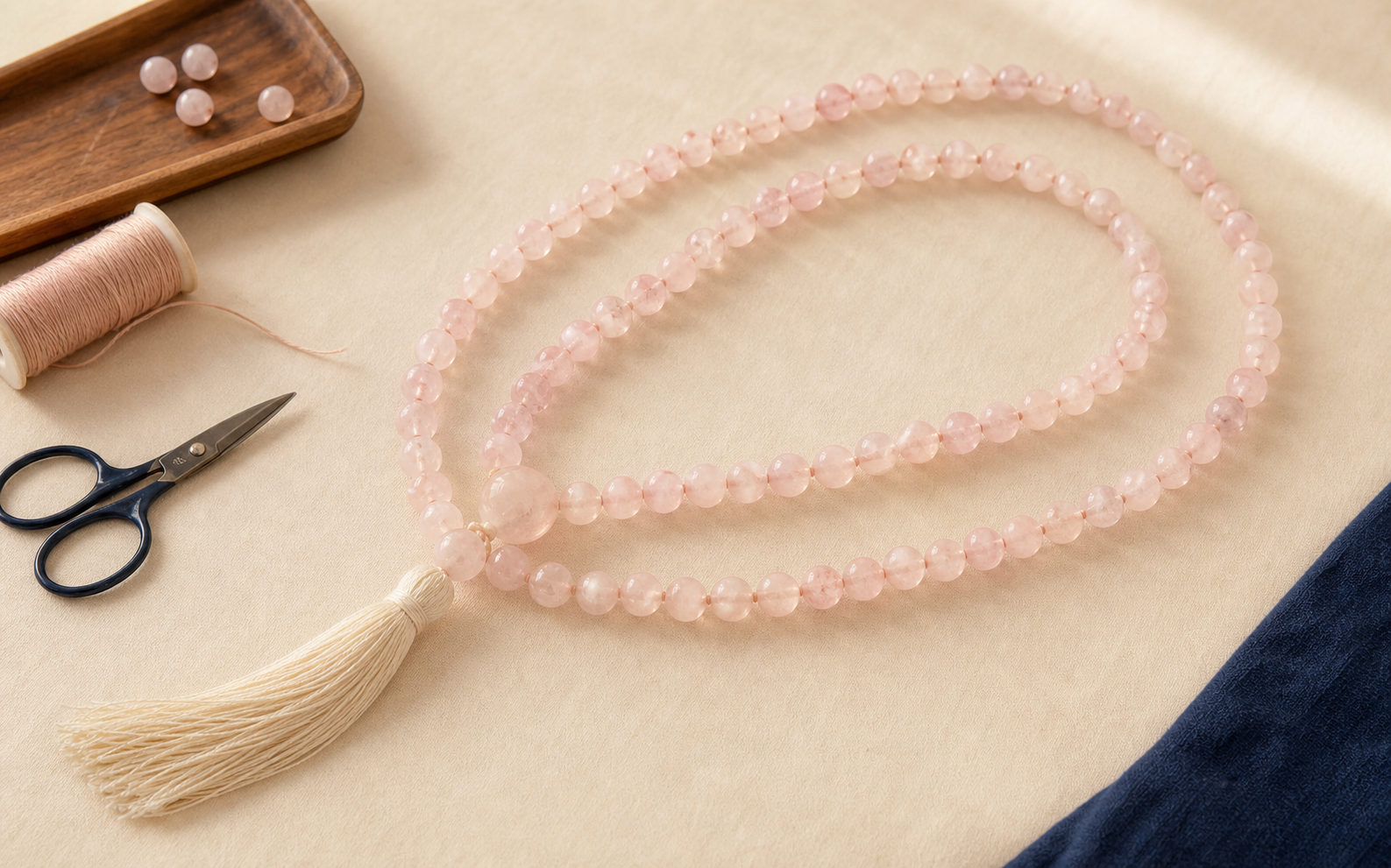 Mala de 108 perles en quartz rose avec perle guru et pompon ivoire
