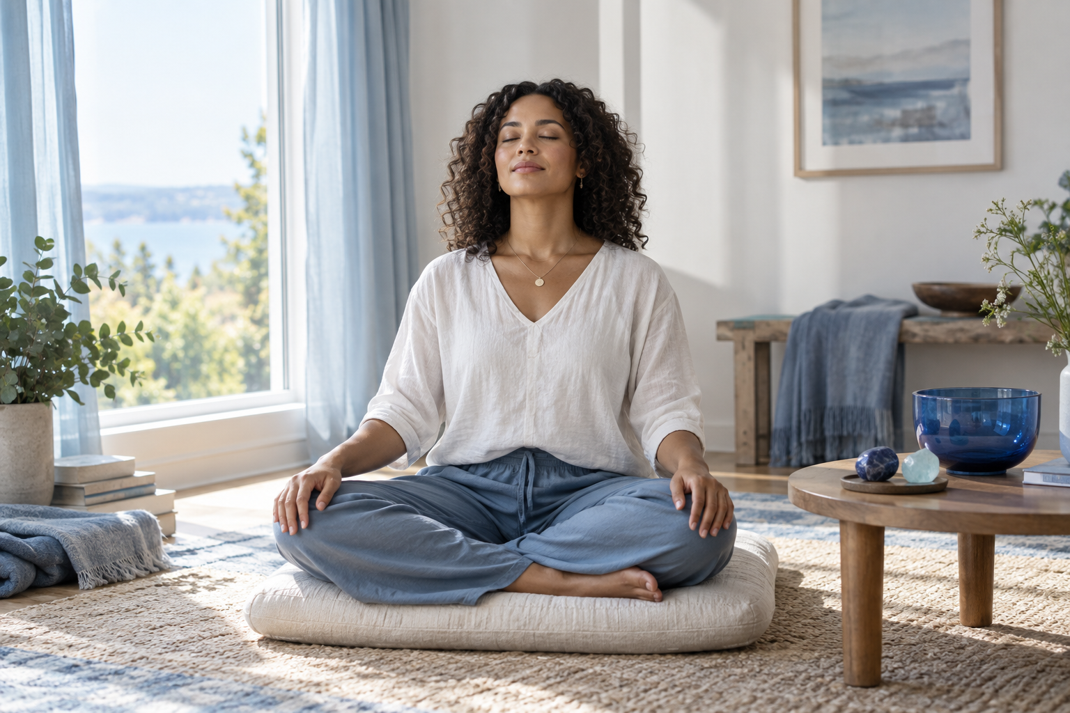 Personne assise en méditation dans une pièce lumineuse aux tons bleus avec des pierres à proximité