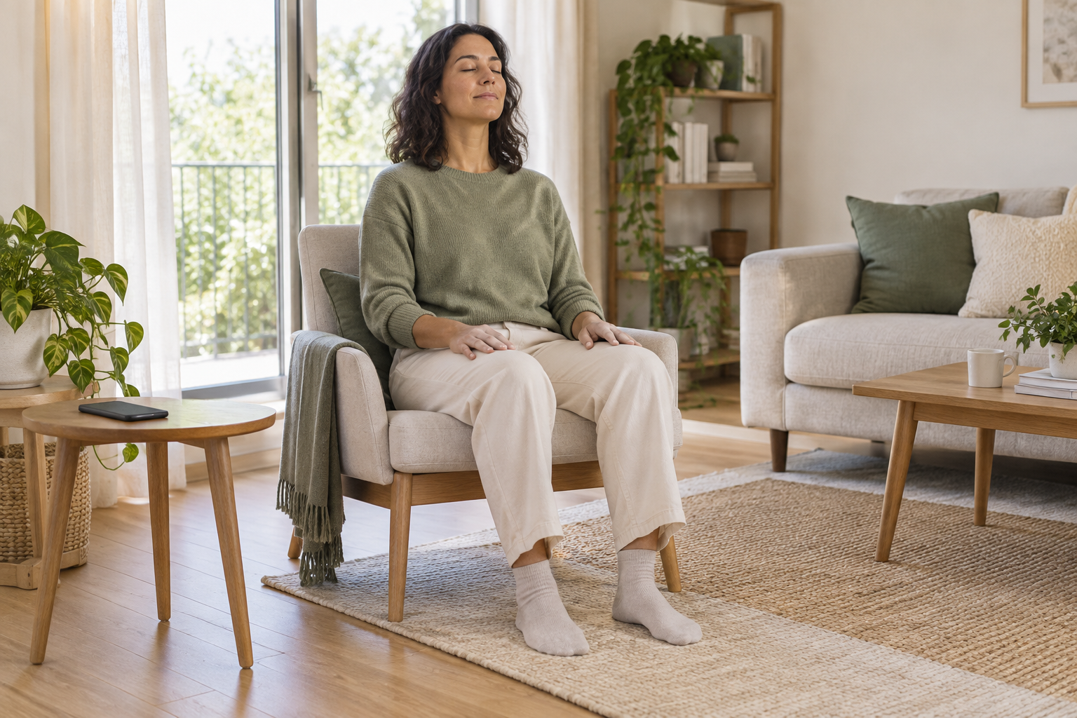 Femme débutante assise sur une chaise pendant une première méditation guidée