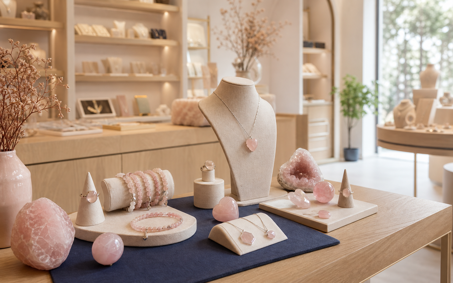 Collection de bijoux en quartz rose présentée dans une boutique élégante