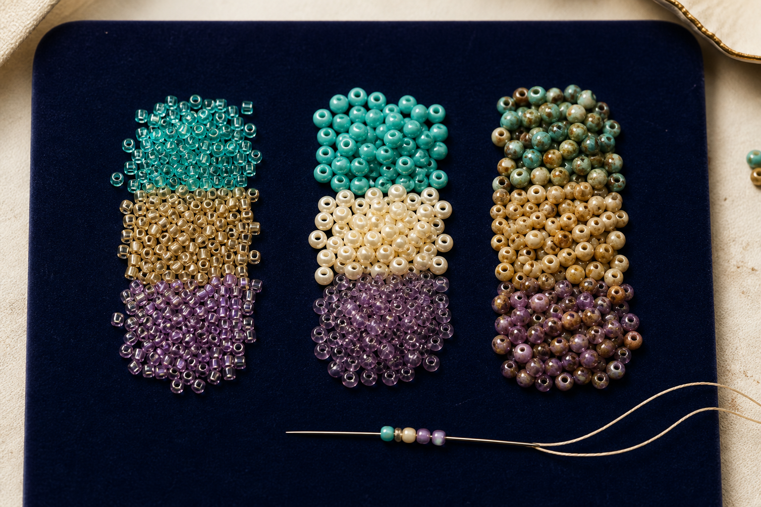 Comparaison entre perles cylindriques Miyuki, rocailles et seed beads