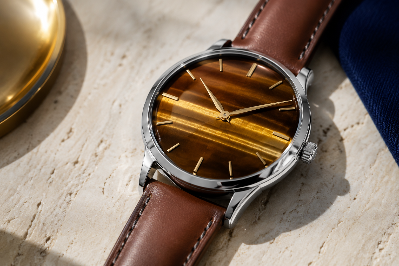 Montre à cadran naturel en œil de tigre avec bracelet en cuir brun